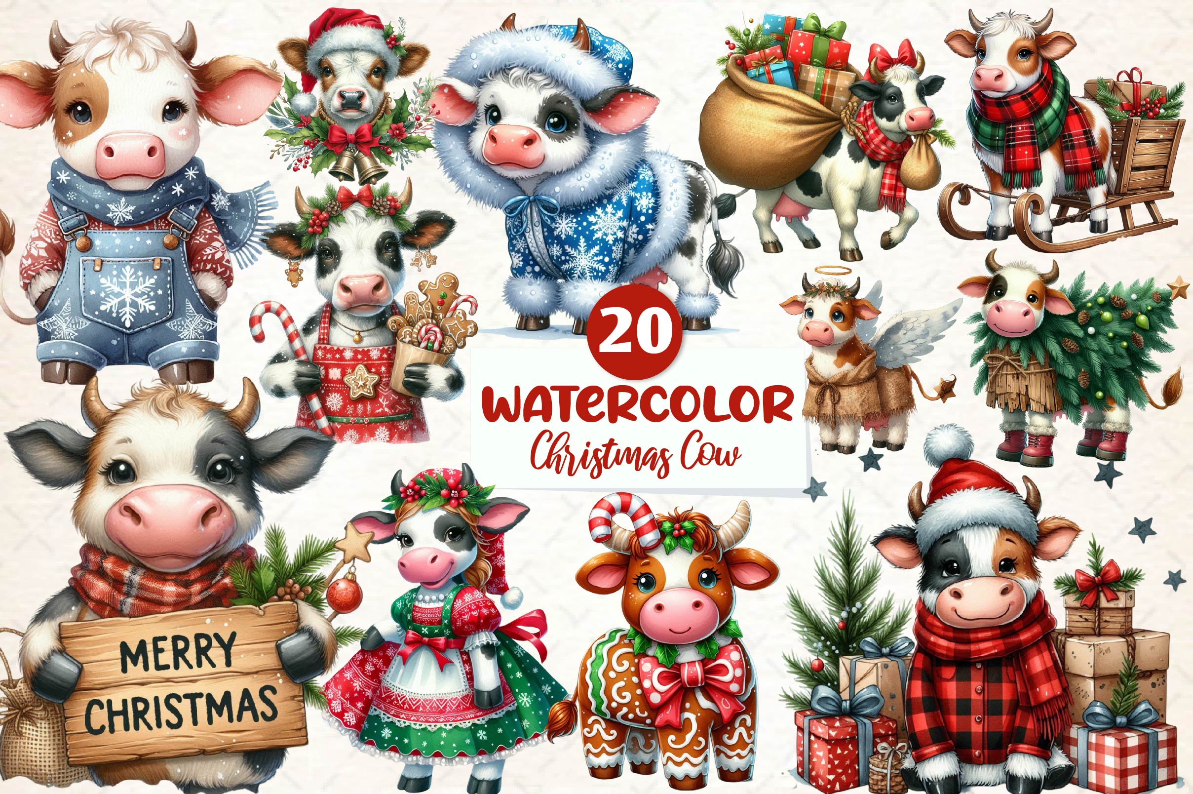 Old Rustic Christmas Cow Clipart Bundle