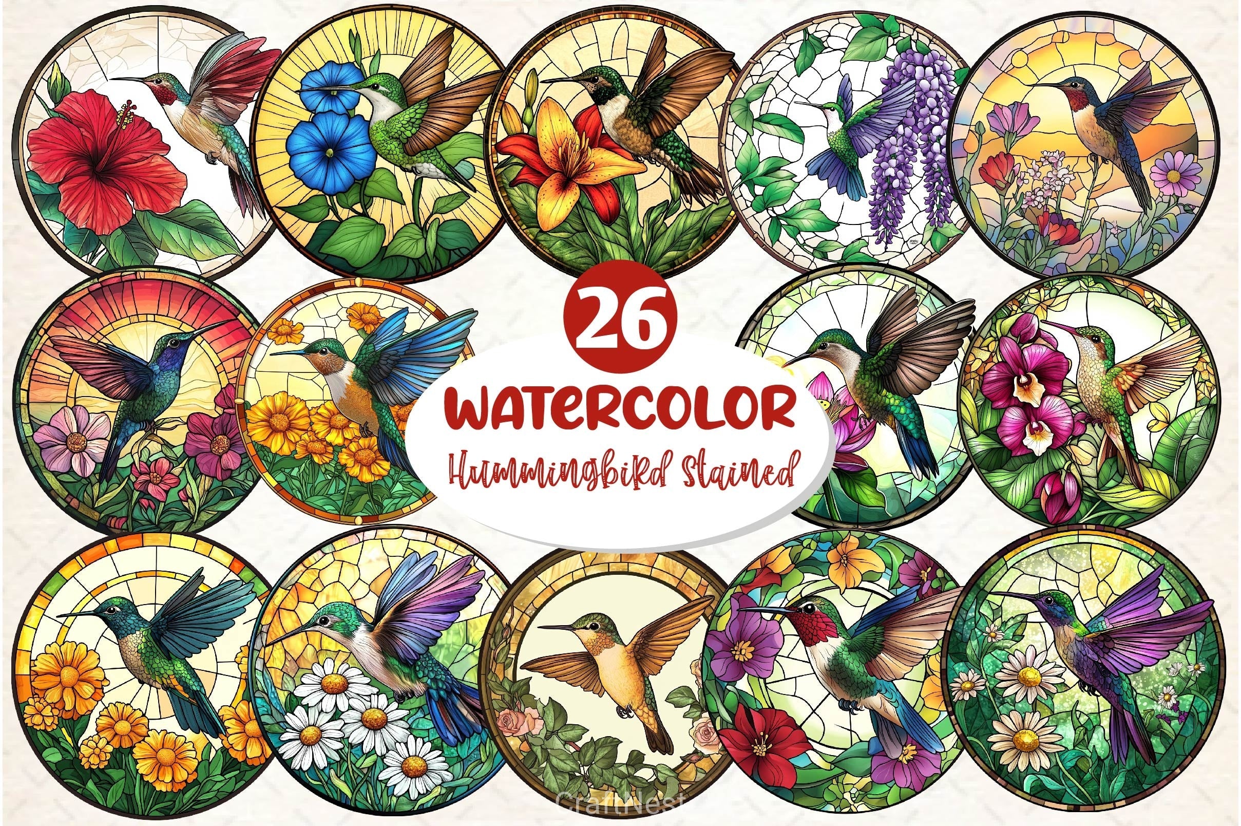 Hummingbird Flowers Round Stained Glass Clipart Bundle