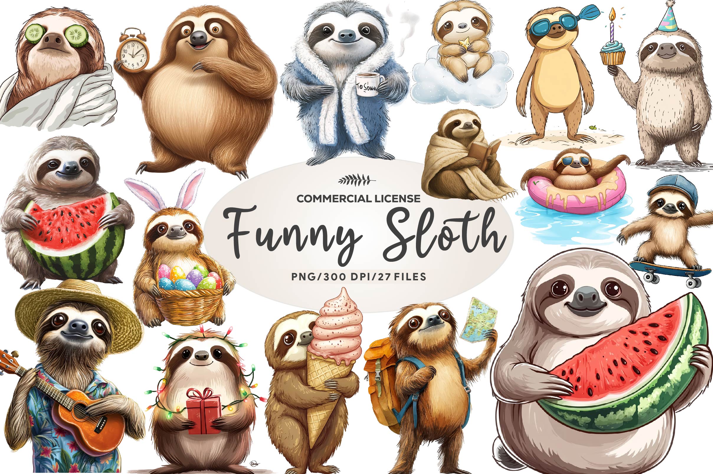 Quirky Funny Sloth Clipart Bundle