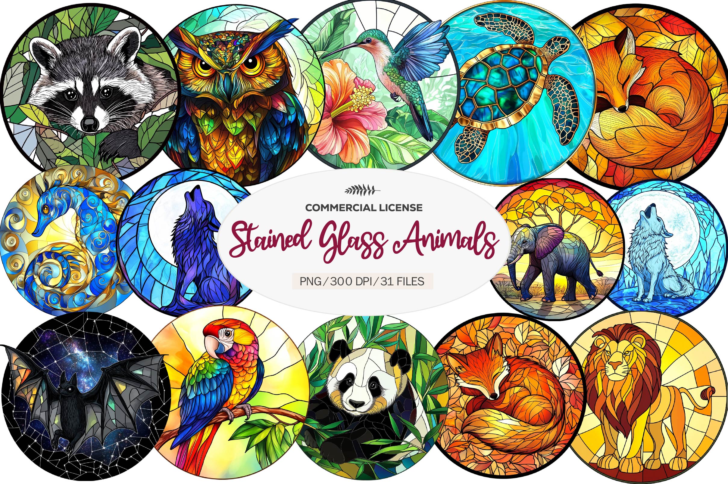 Round Stained Glass Animals Clipart Bundle