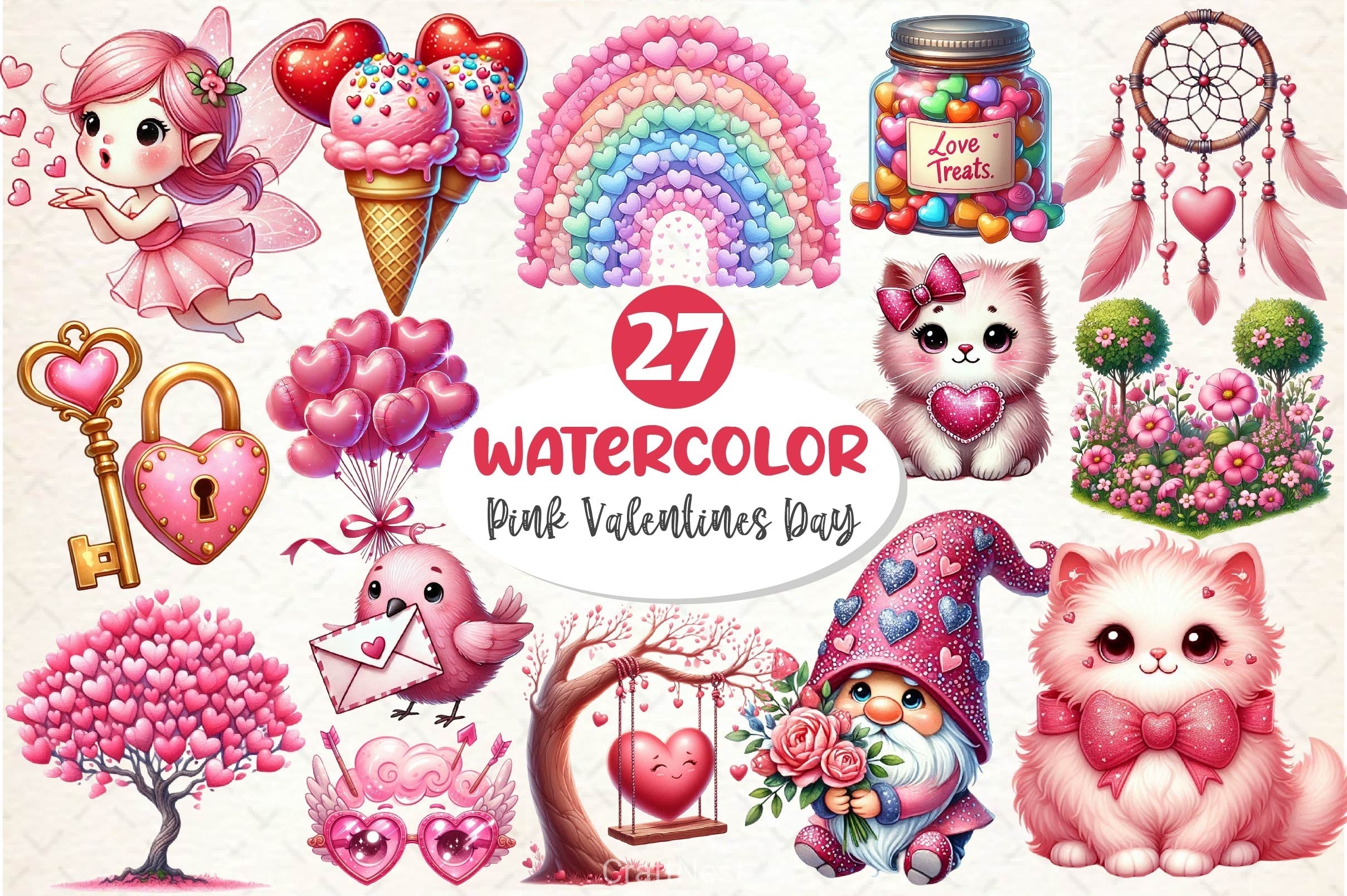 Whimsical Pink Valentines Day Clipart Bundle