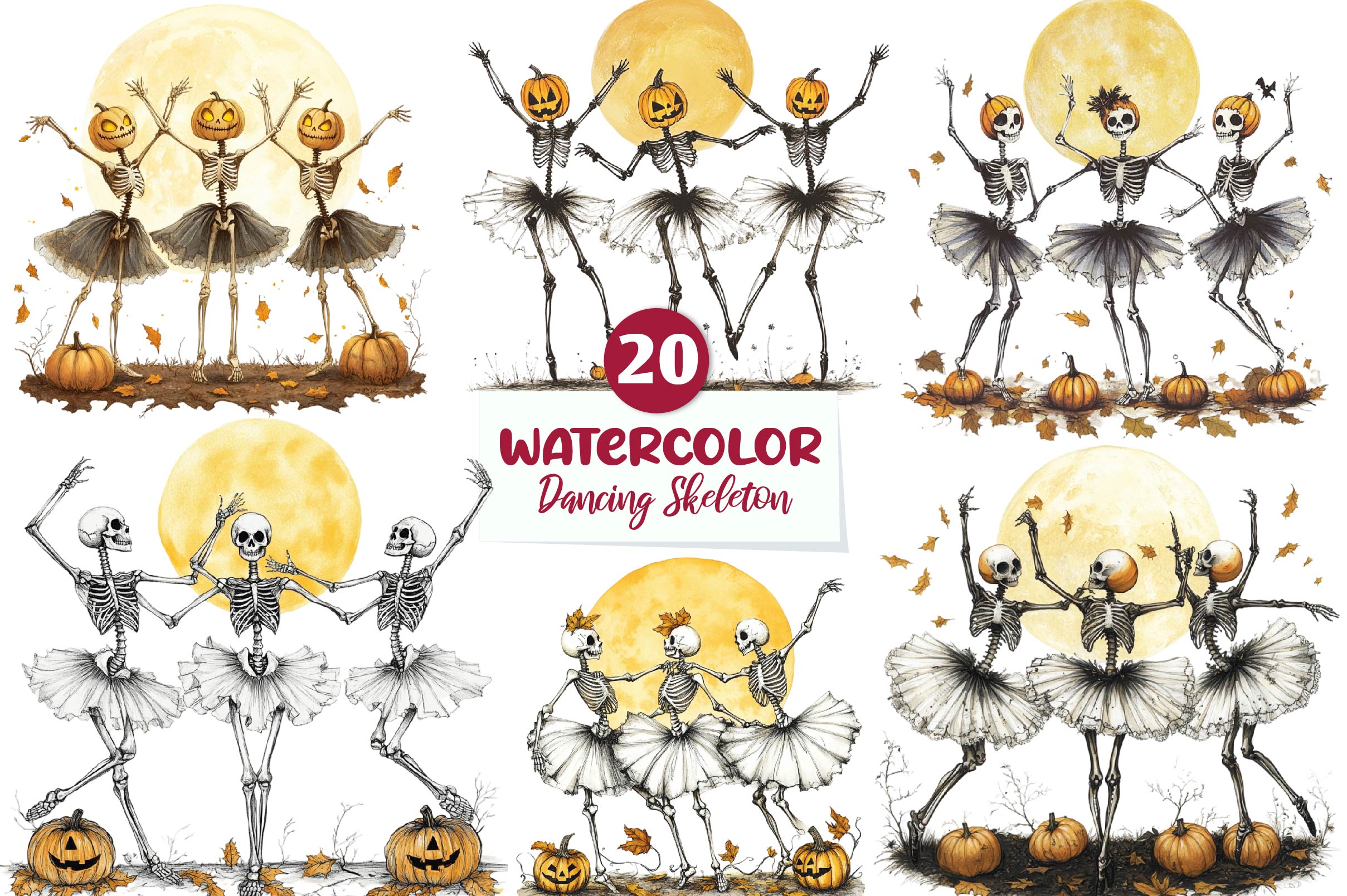 Autumn Dancing Skeleton Clipart Bundle