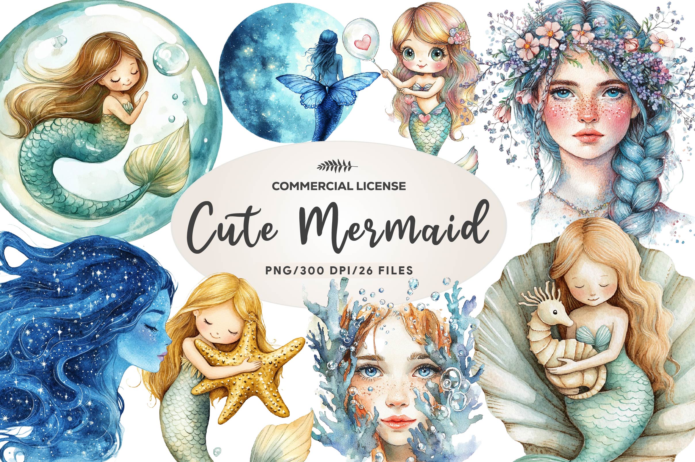 Cute Mermaid Clipart Bundle 3