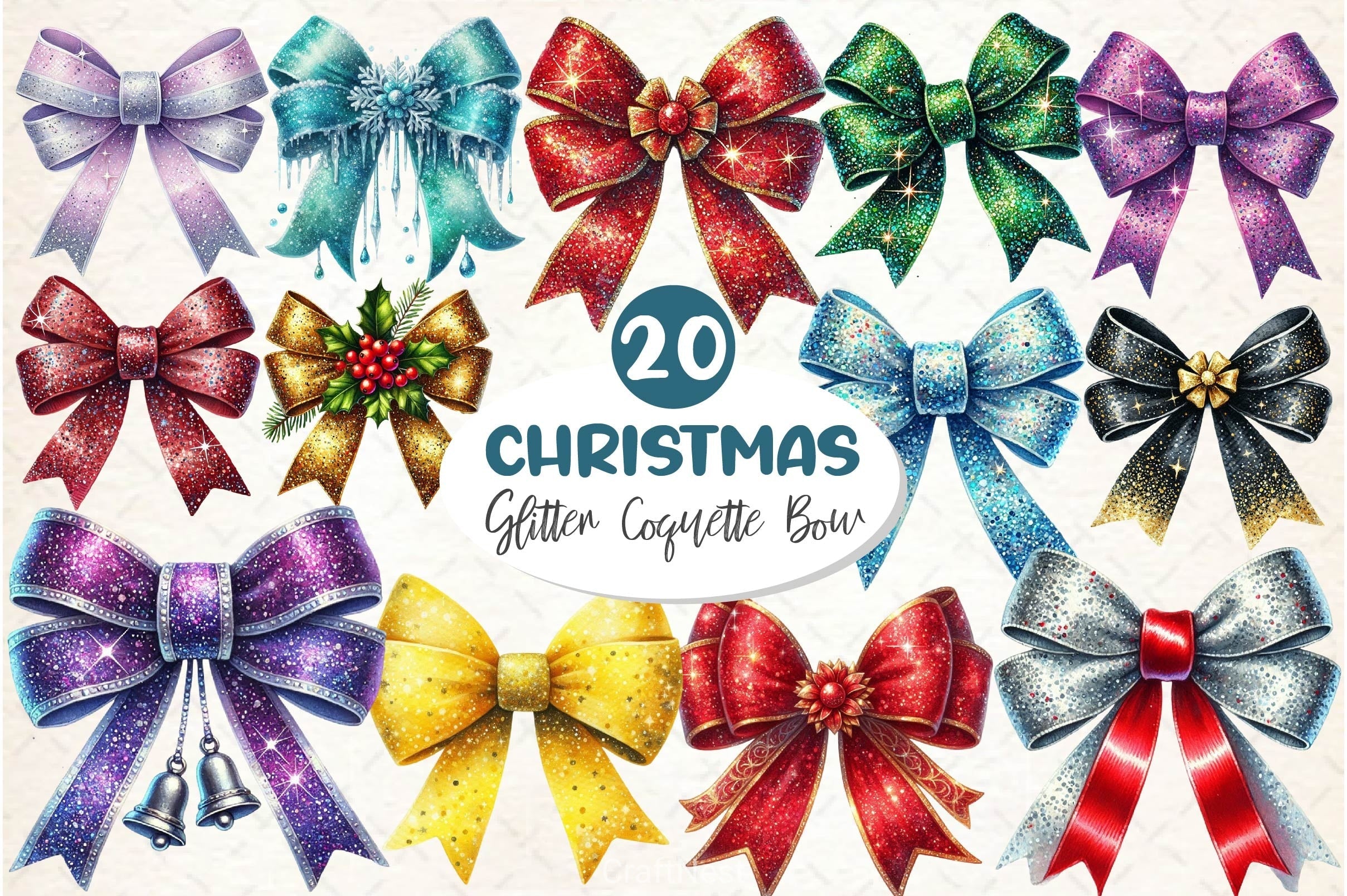 Glitter Coquette Christmas Bow Clipart Bundle