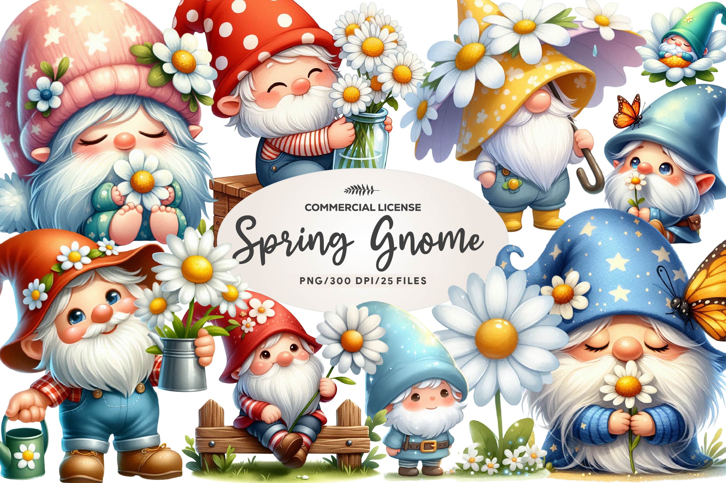 Cute Spring Gnome Daisy Flower Clipart Bundle