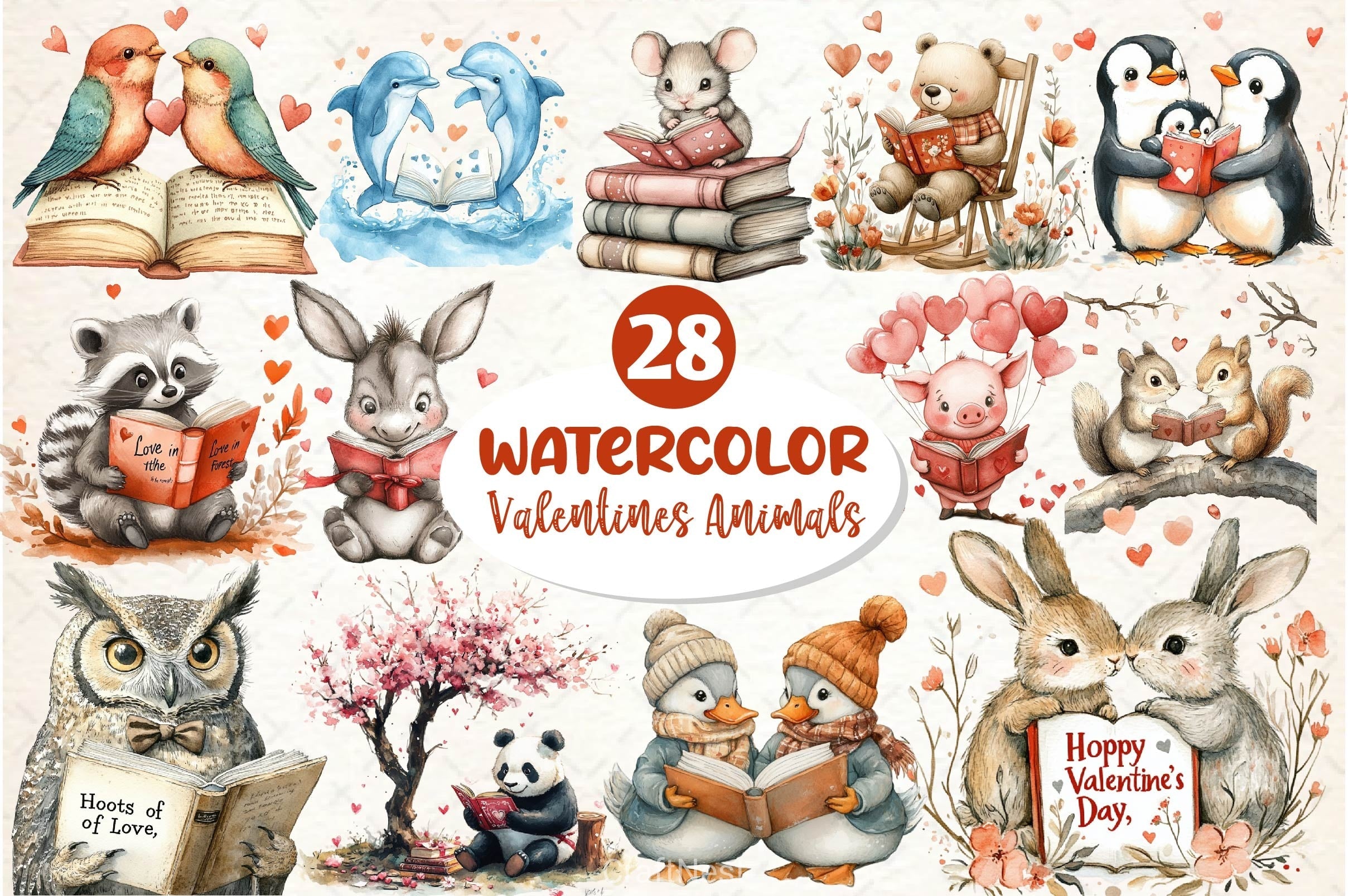 Valentines Animals Love Reading Clipart Bundle
