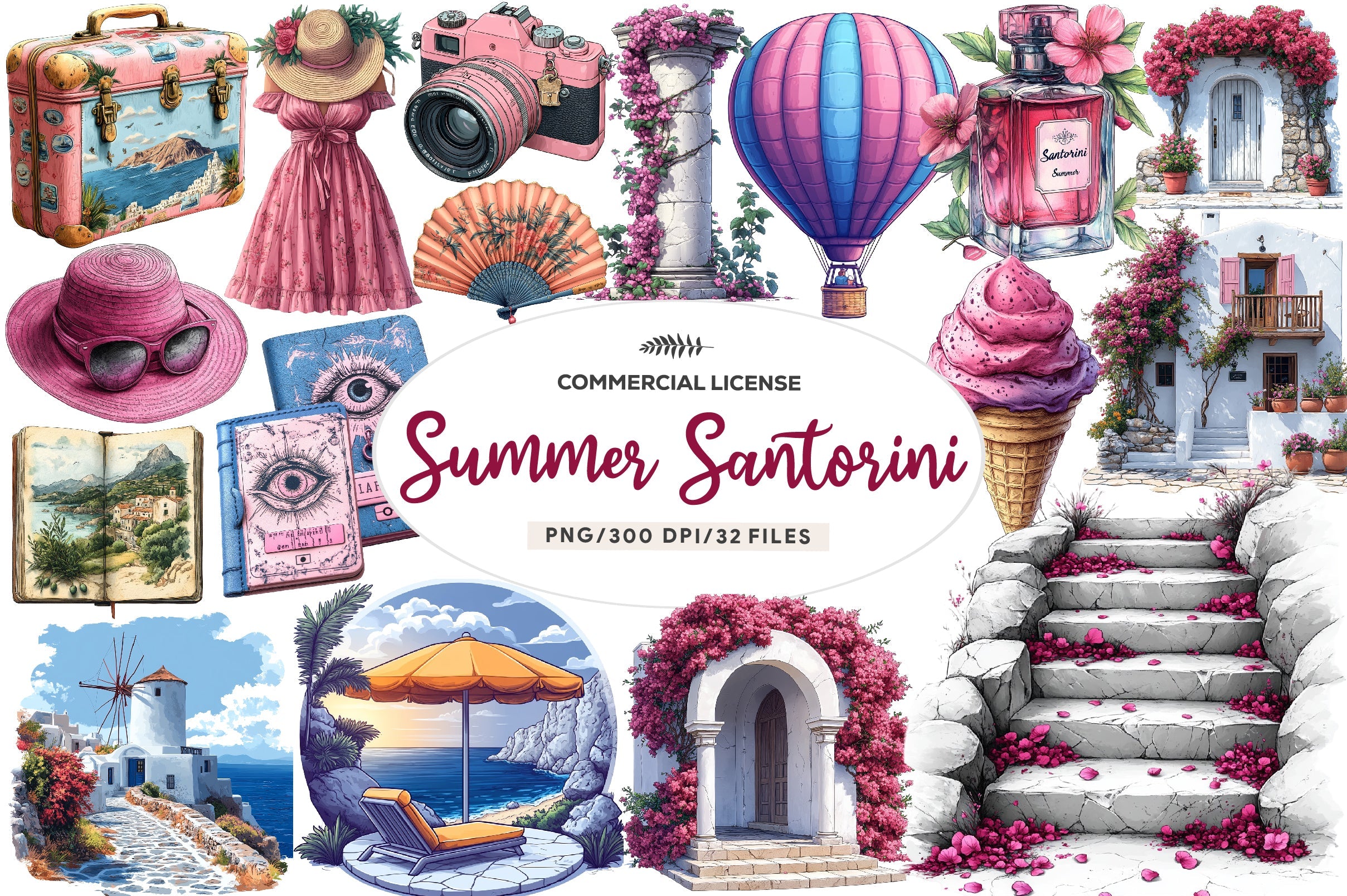 Pink Summer Santorini Travel Clipart Bundle
