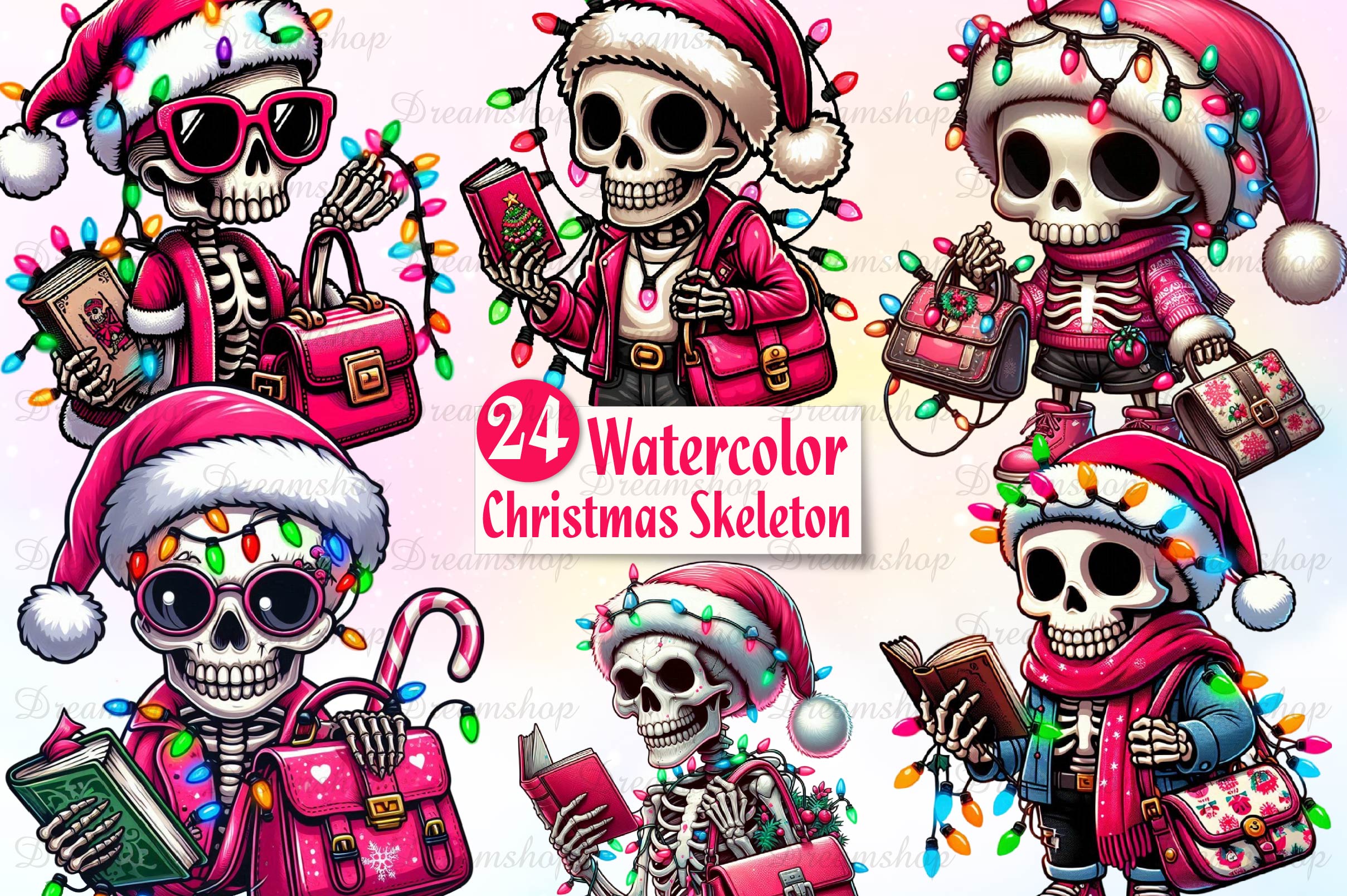 Cute Christmas Skeleton Clipart Bundle