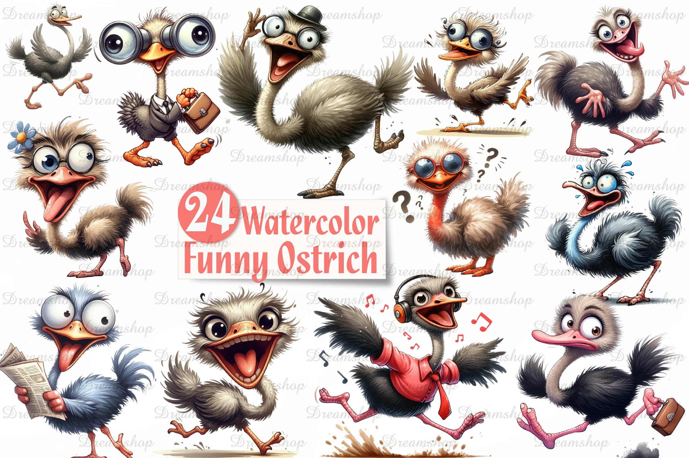 Cute And Funny Ostrich Clipart Bundle