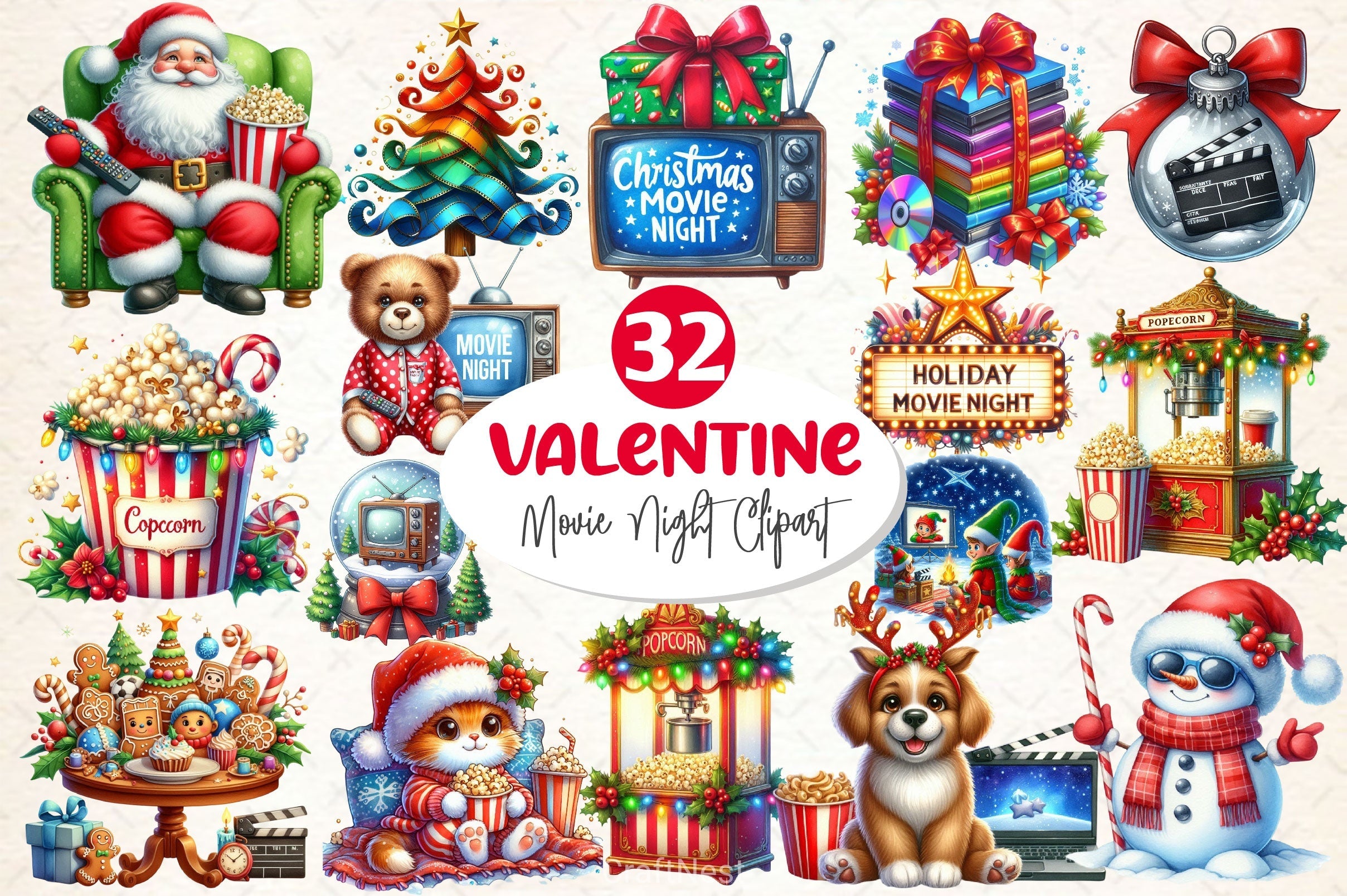 Christmas Movie Night Clipart Bundle 3