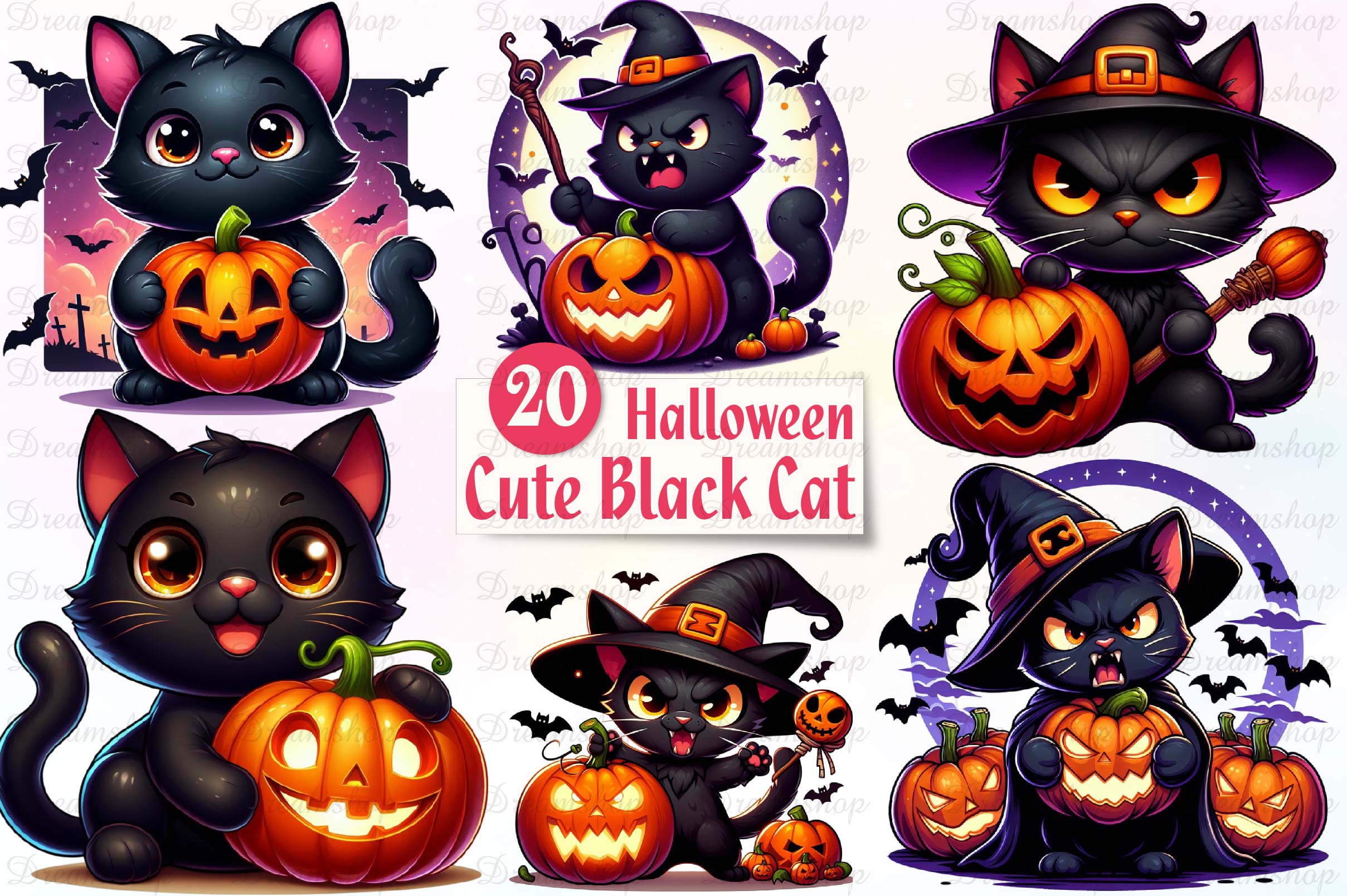 Halloween Black Cat With Pumpkin Clipart Bundle