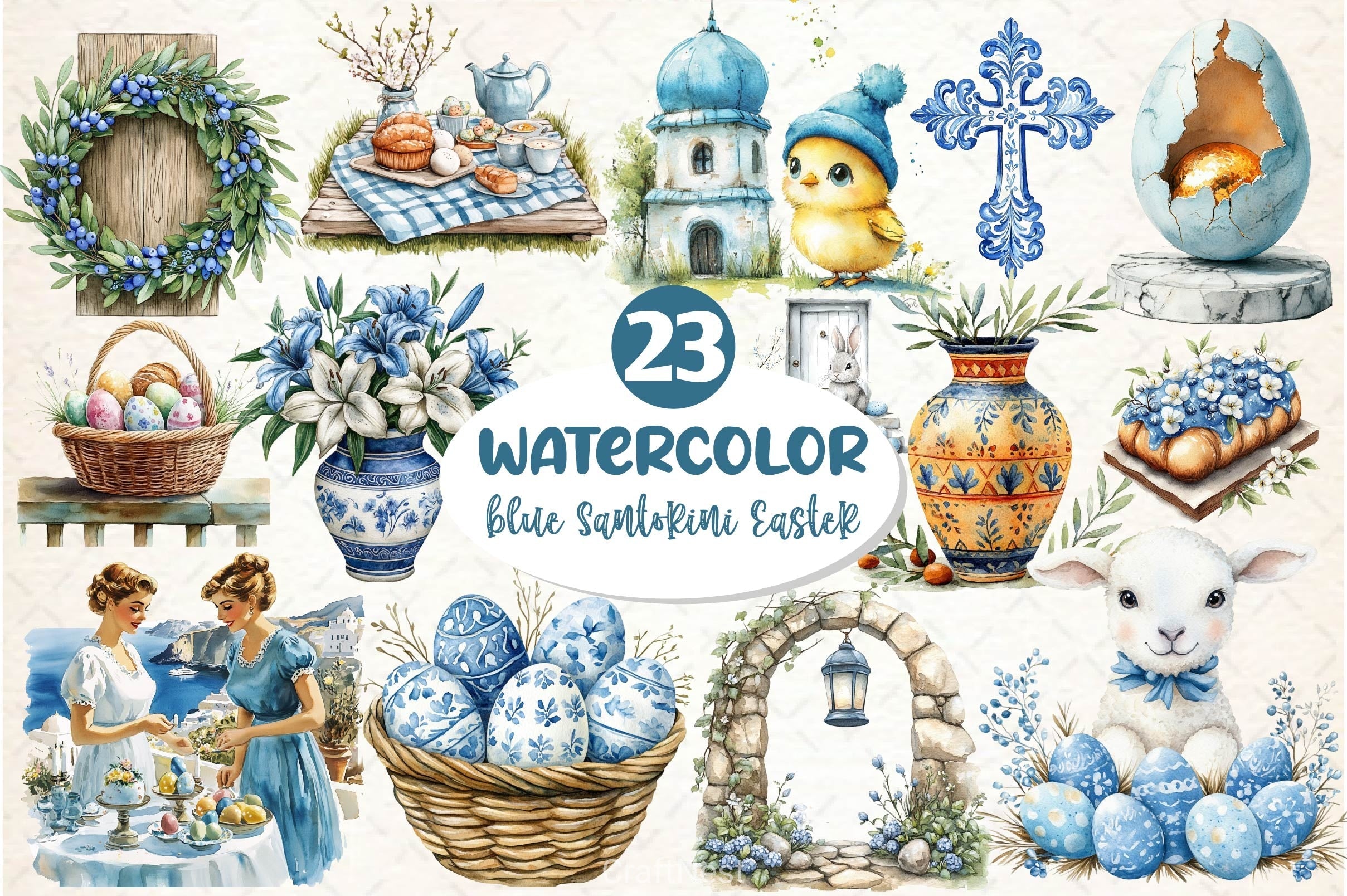 Blue Santorini Easter Day Clipart Bundle 4