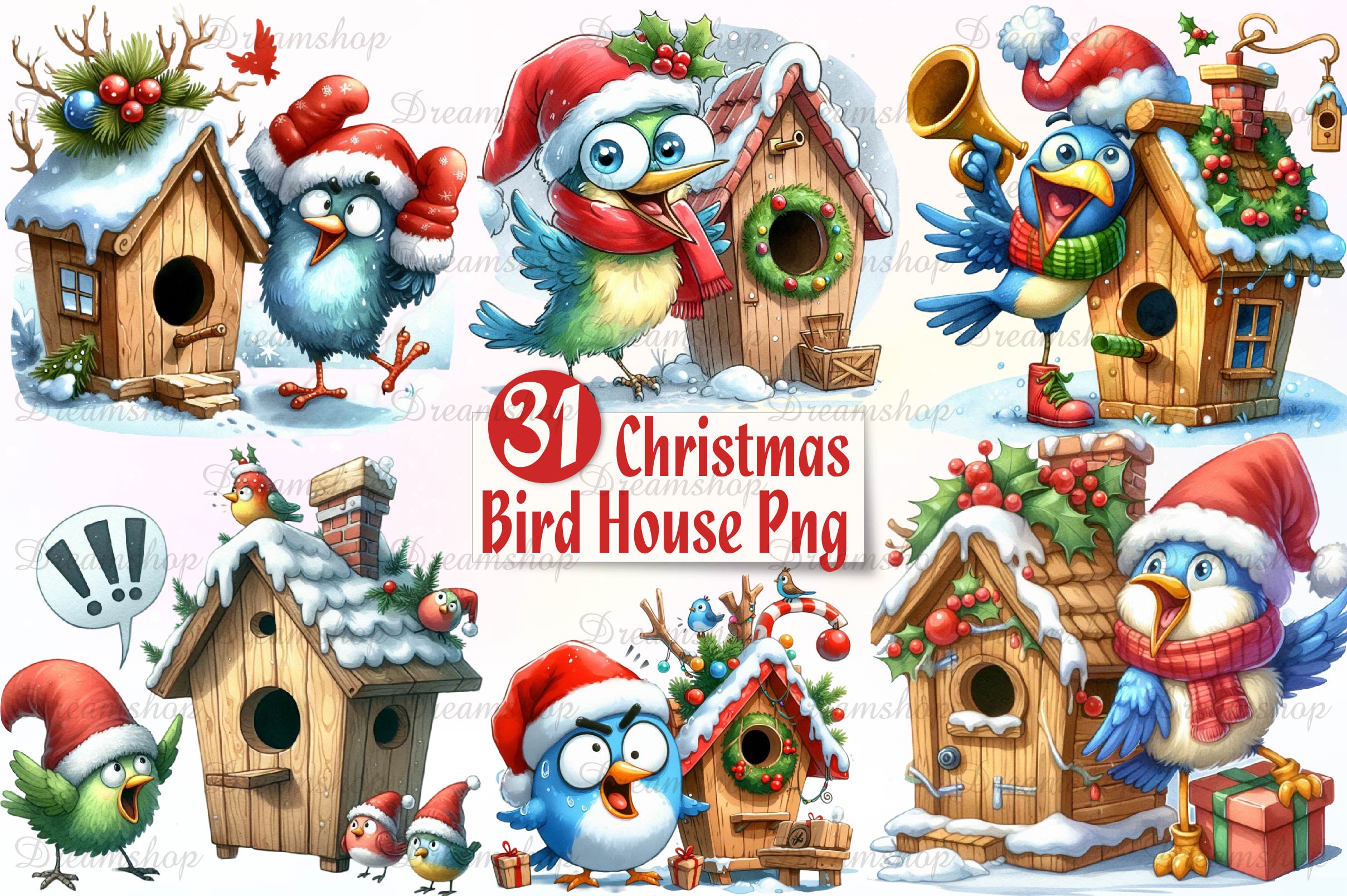 Christmas Bird House Clipart Bundle
