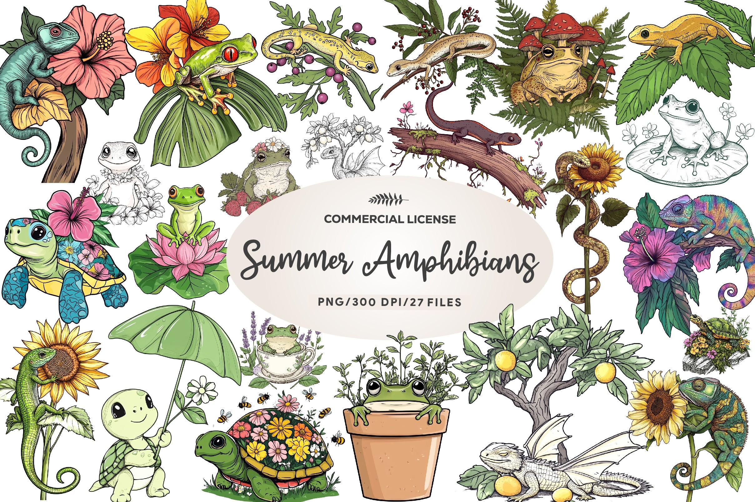 Botanical Summer Amphibians & Reptiles Clipart Bundle