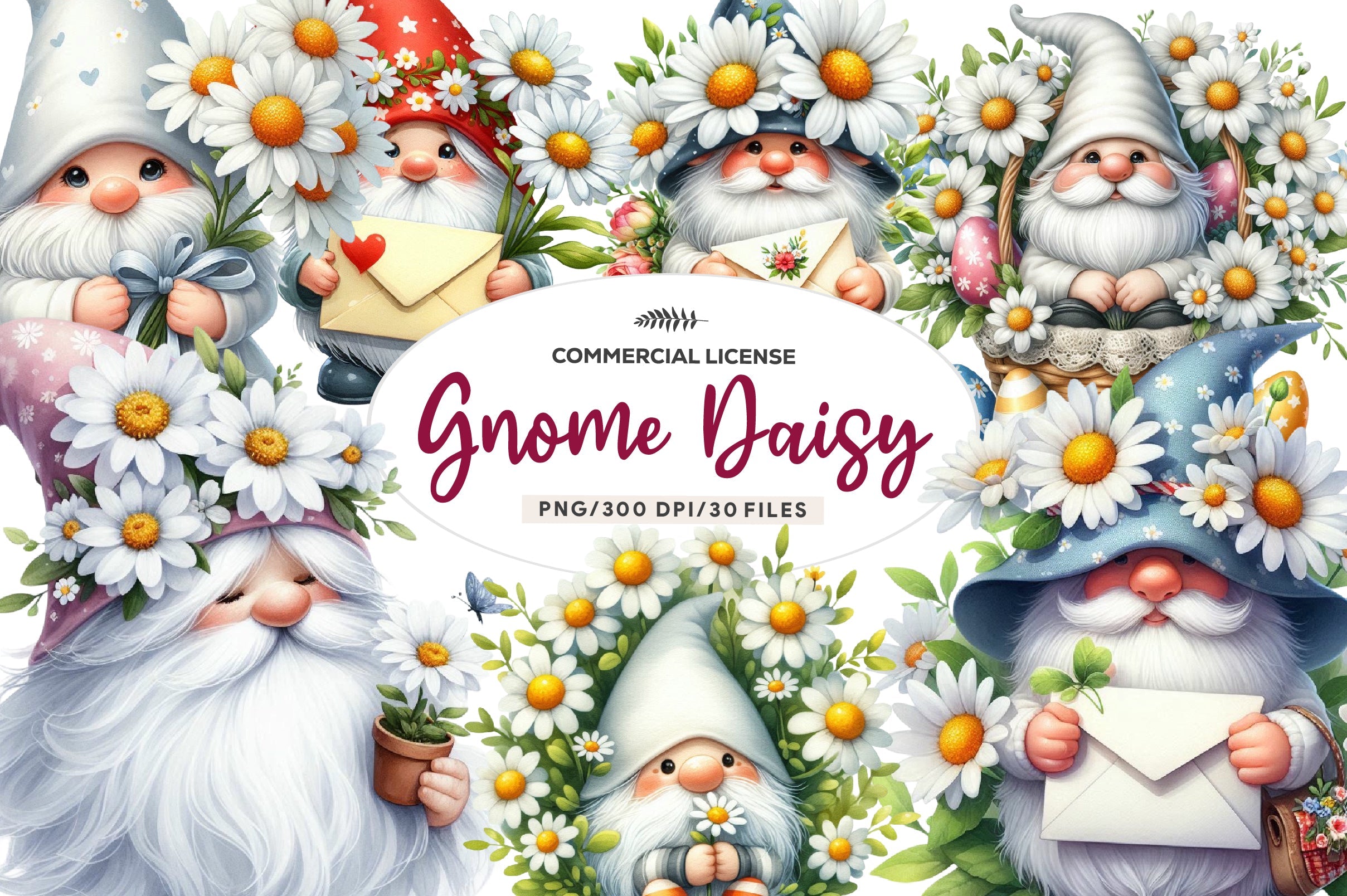 White Gnome Daisy Clipart Bundle