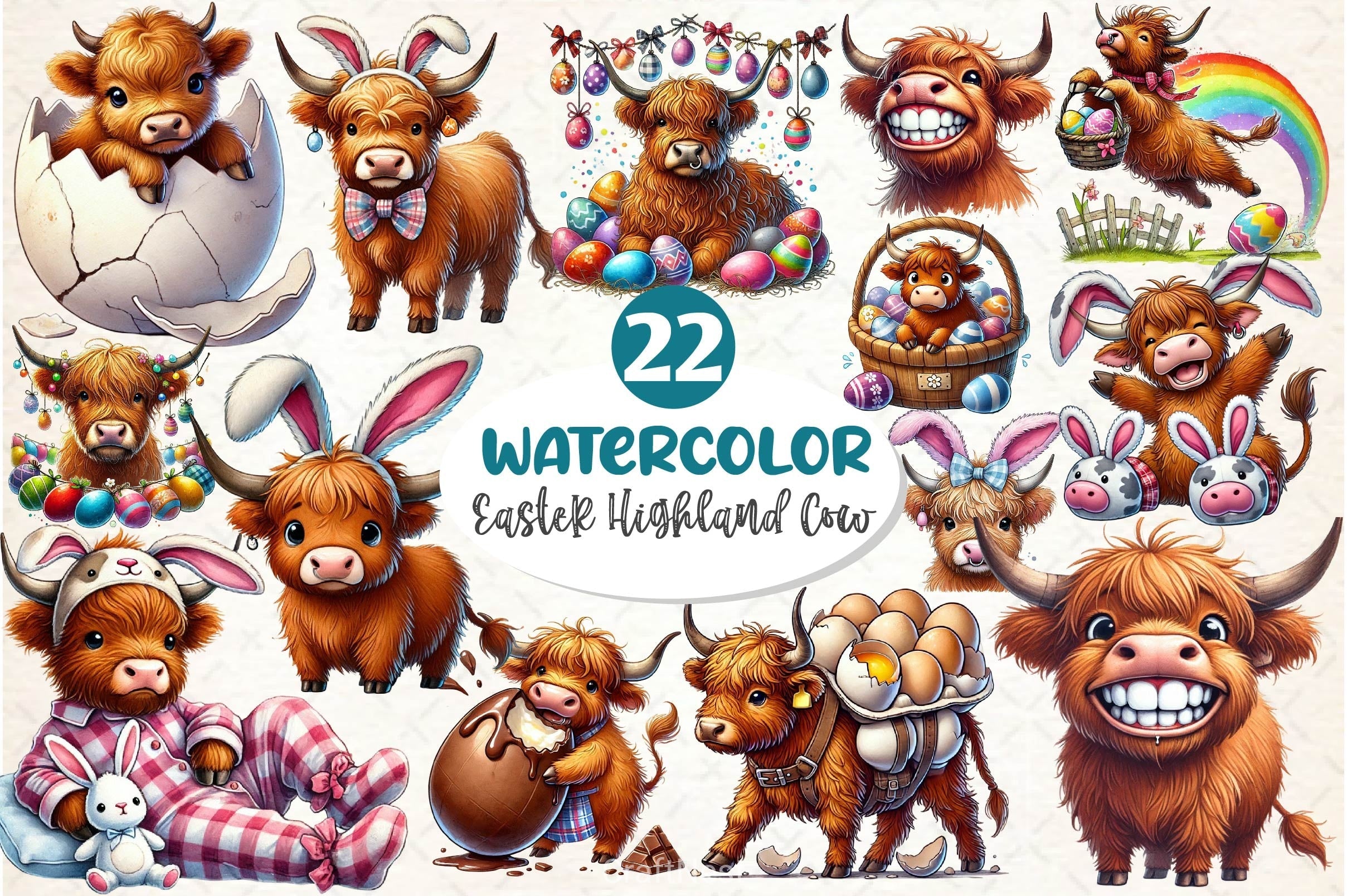 Easter Highland Cow Clipart Bundle 4