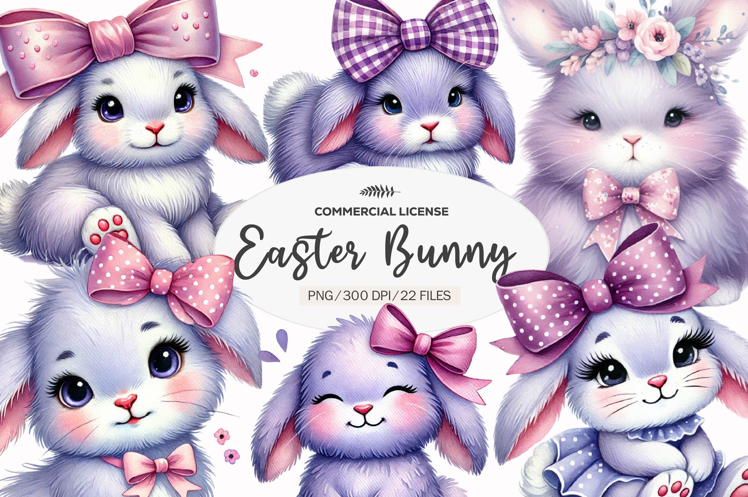 Cute Purple Easter Bunny With Bow Clipart Bundle