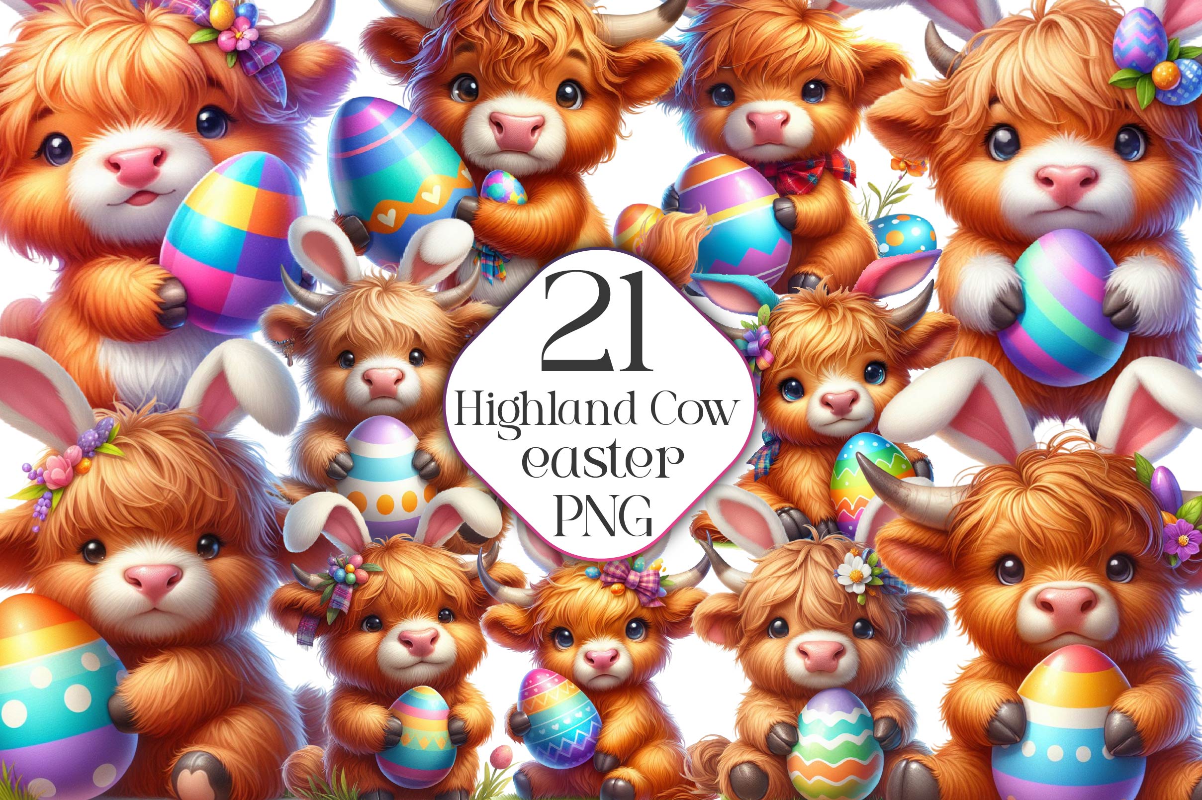 Highland Cow Easter Day Clipart Bundle