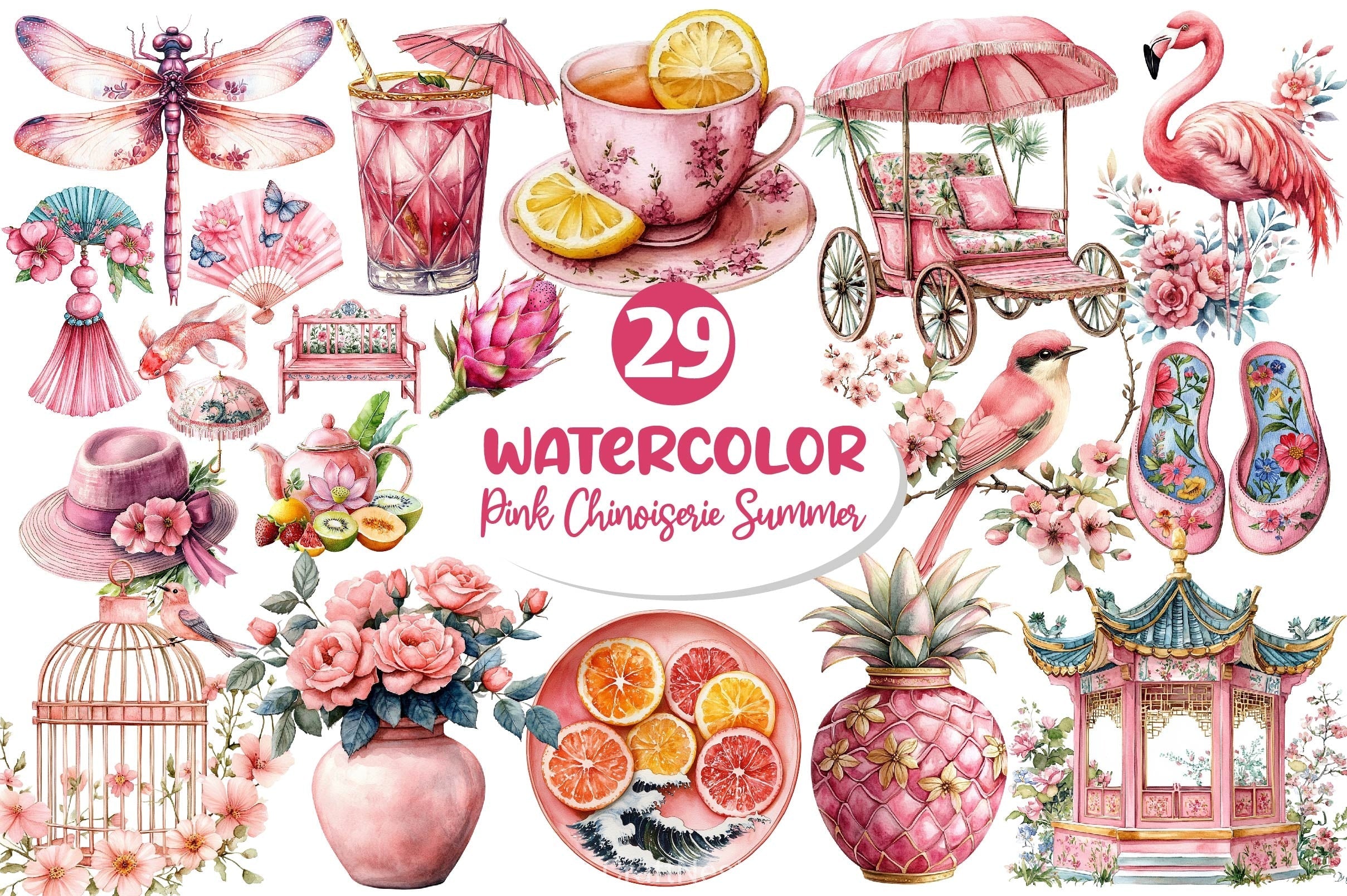 Pink Chinoiserie Summer Clipart Bundle 3