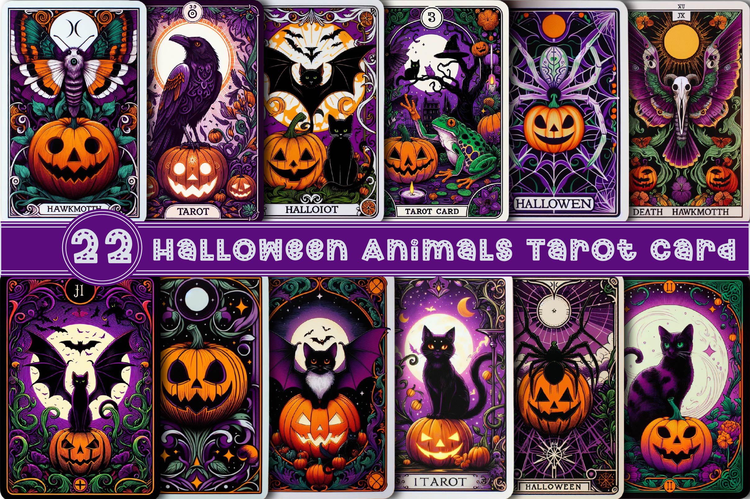 Halloween Animals Tarot Card Clipart Bundle