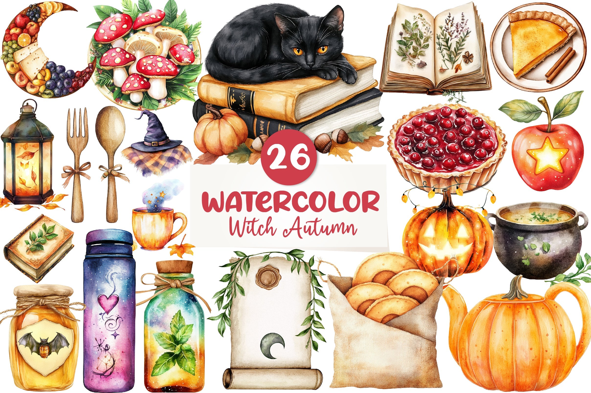 Witch Autumn Picnic Set Clipart Bundle