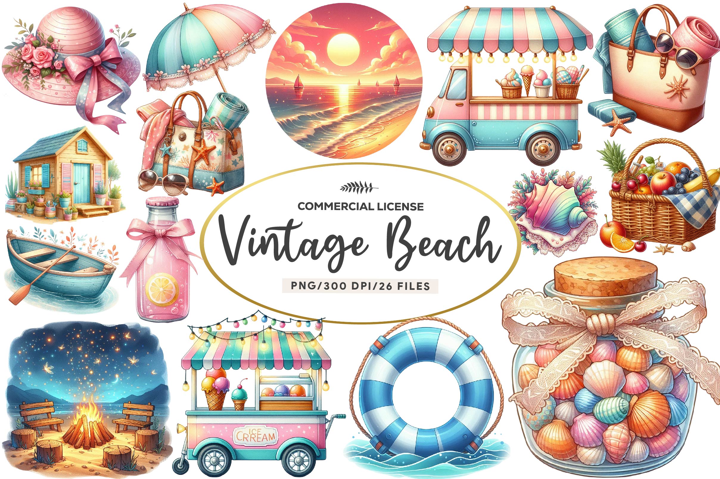 Vintage Beach Clipart Bundle
