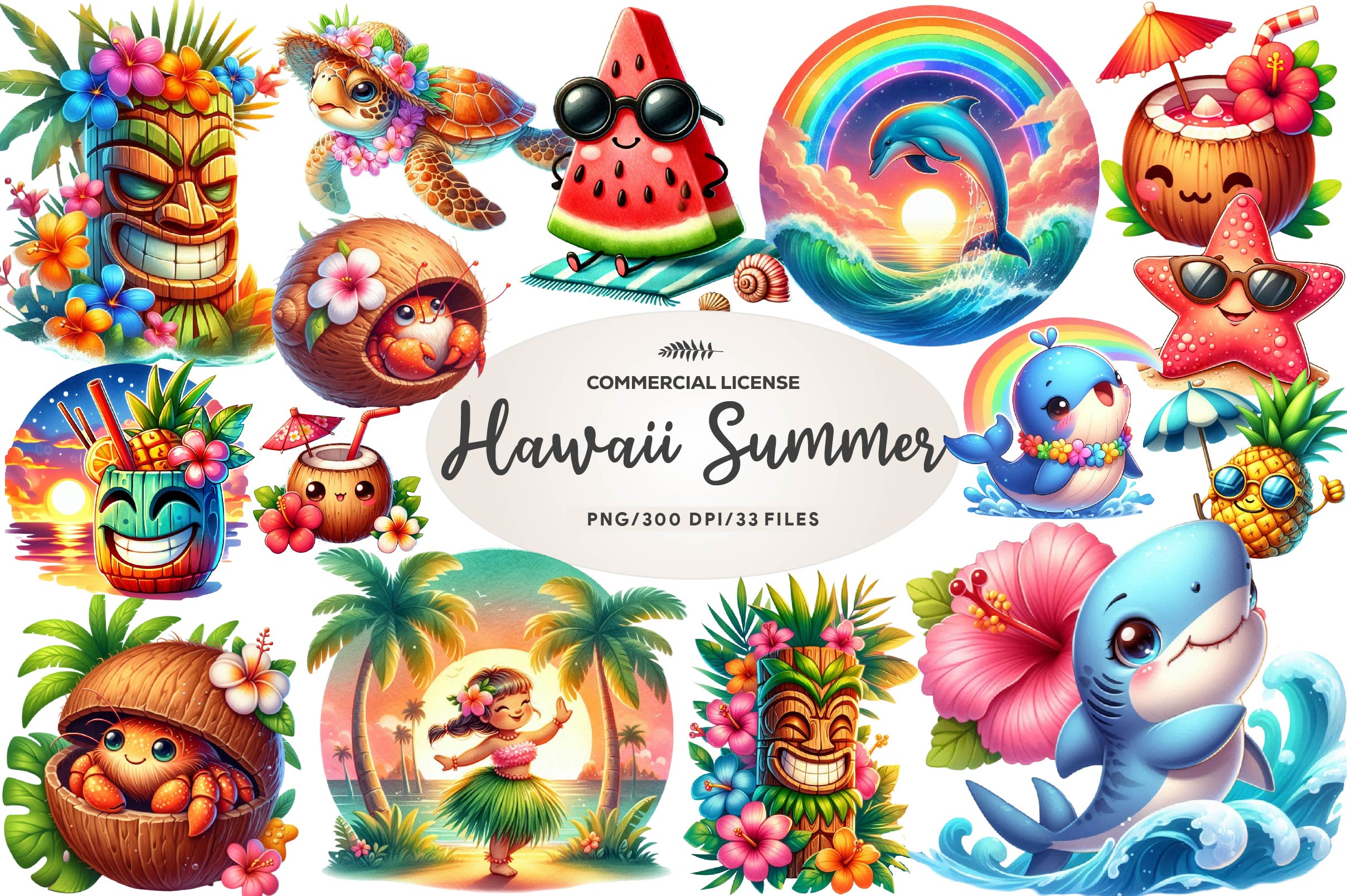 Cute Hawaii Summer Beach Clipart Bundle