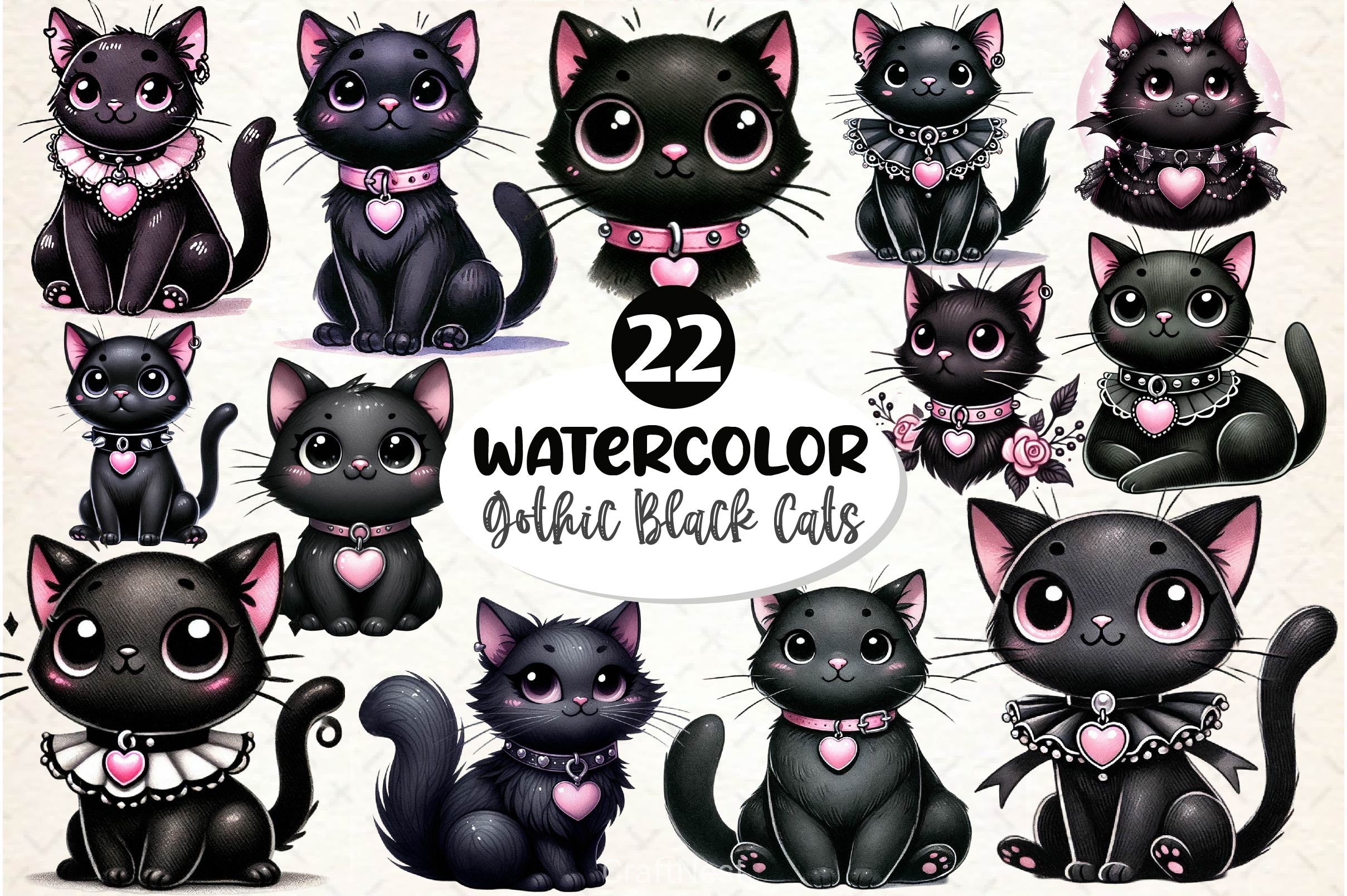 Gothic Black Cat Clipart Bundle
