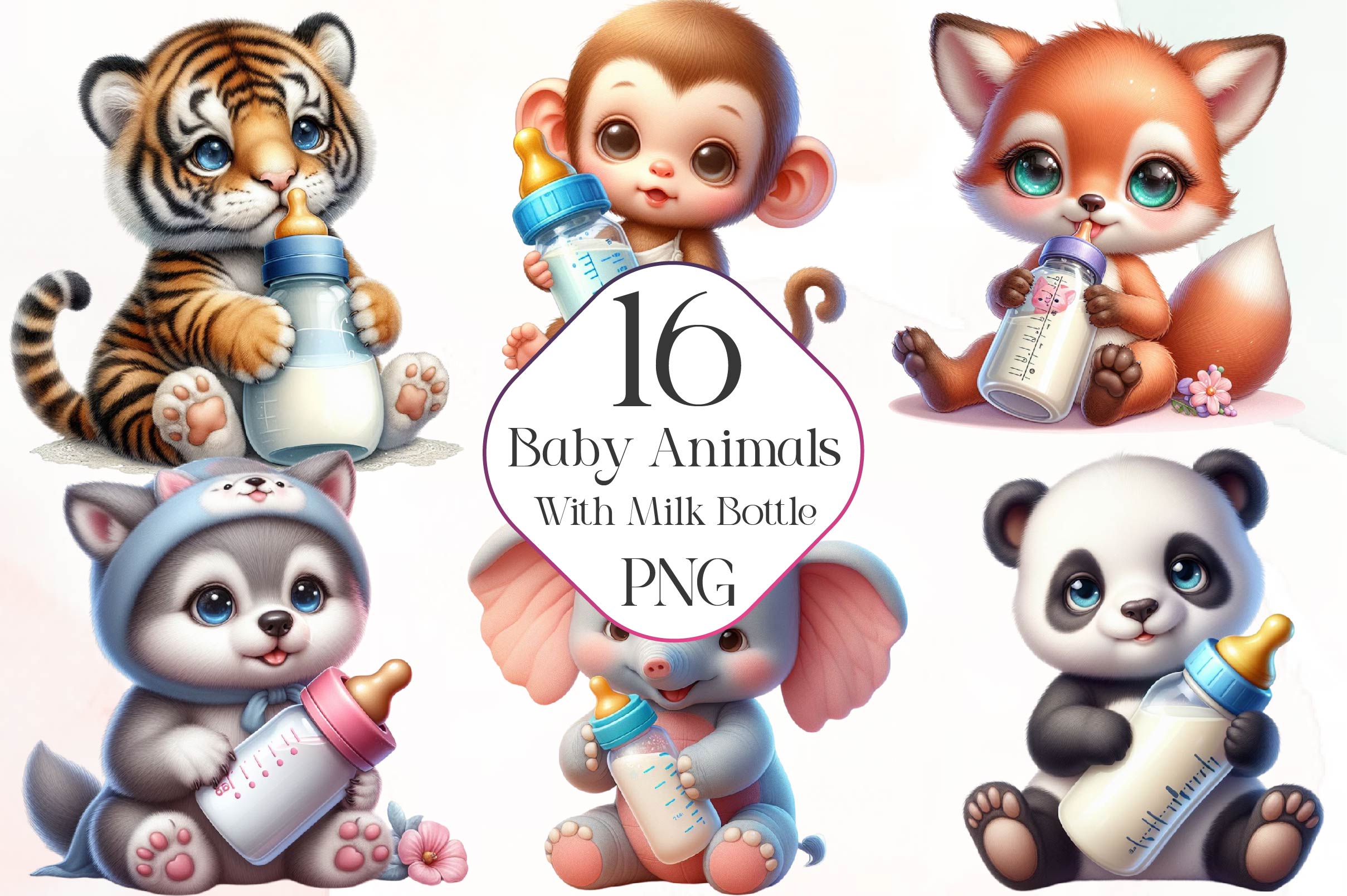 Baby Animals With Milk Bottle Clipart Bundle