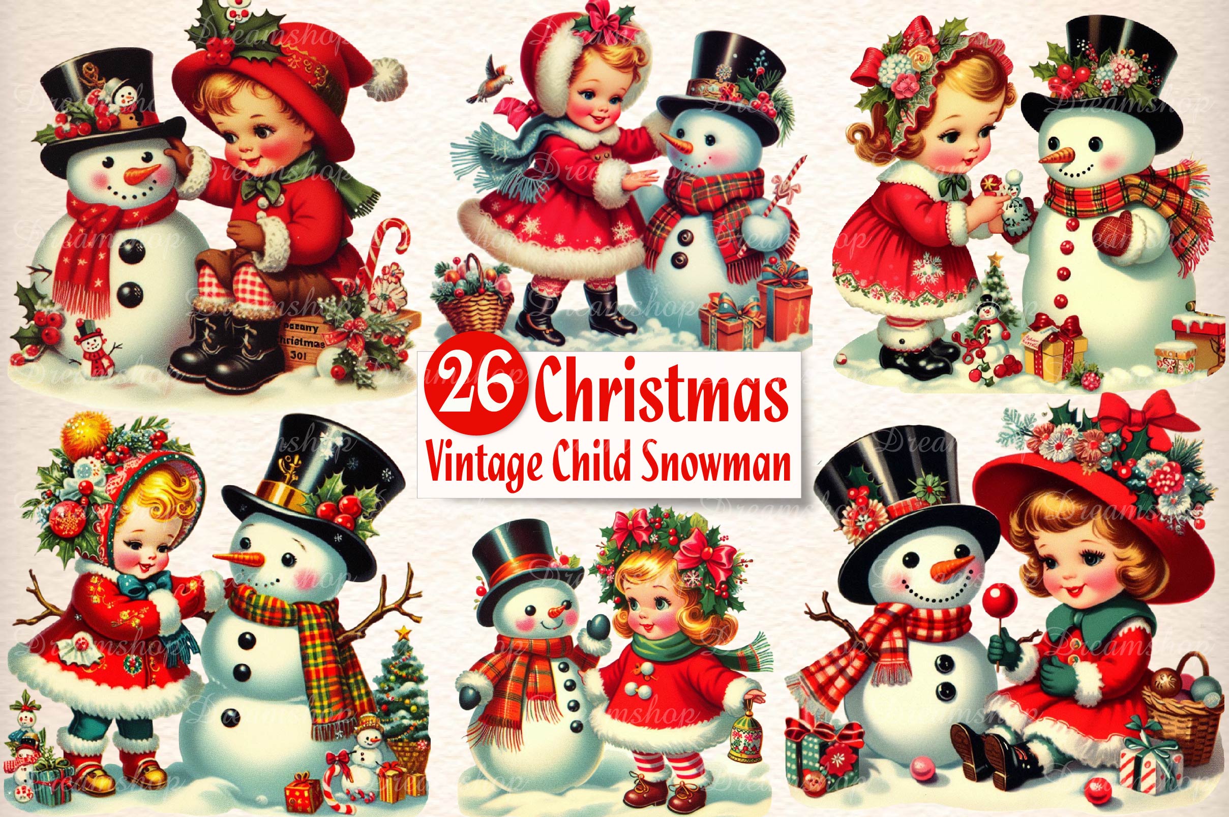 Vintage Child And Snowman Clipart Bundle