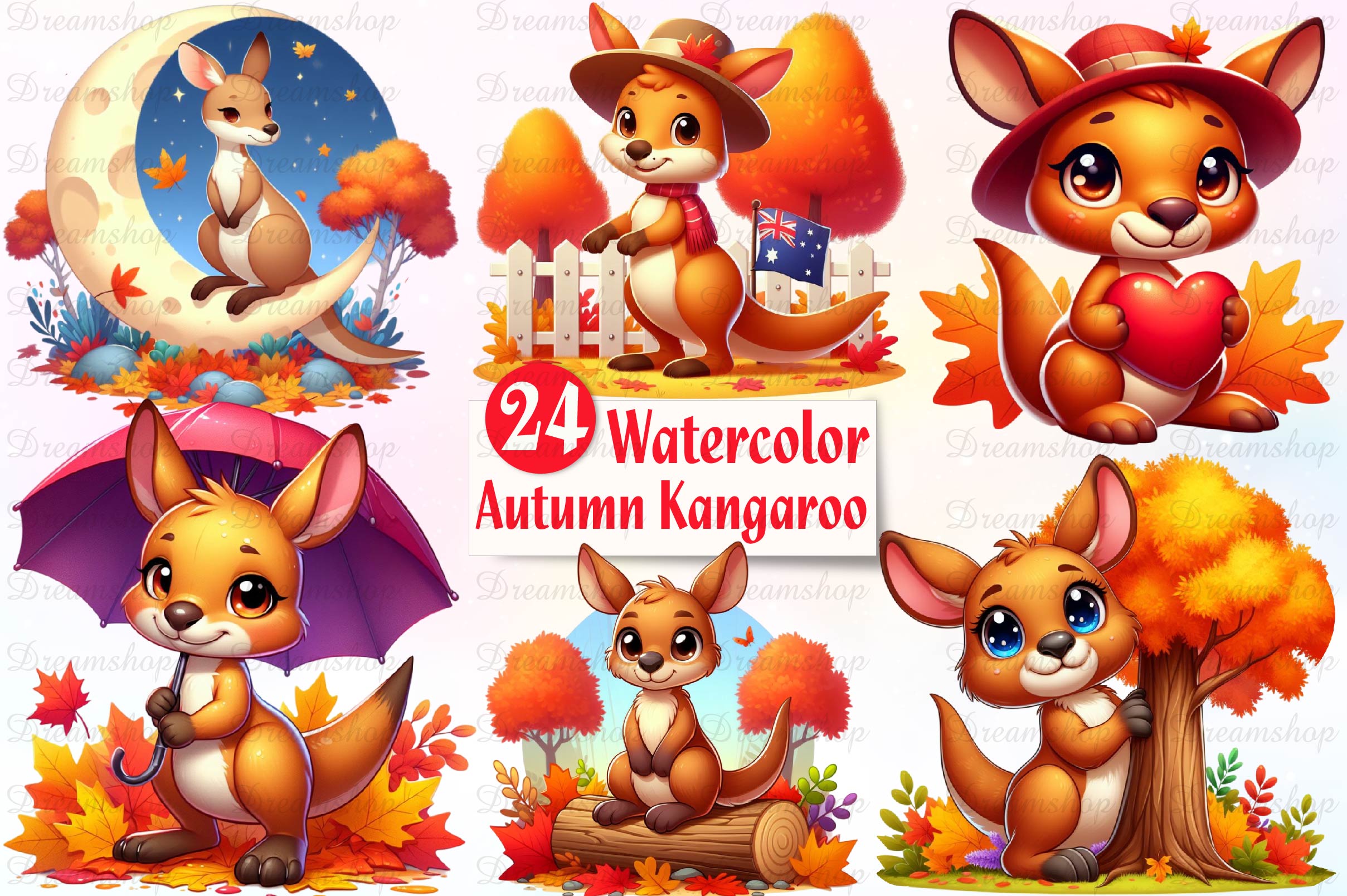 Autumn Kangaroo Clipart Bundle