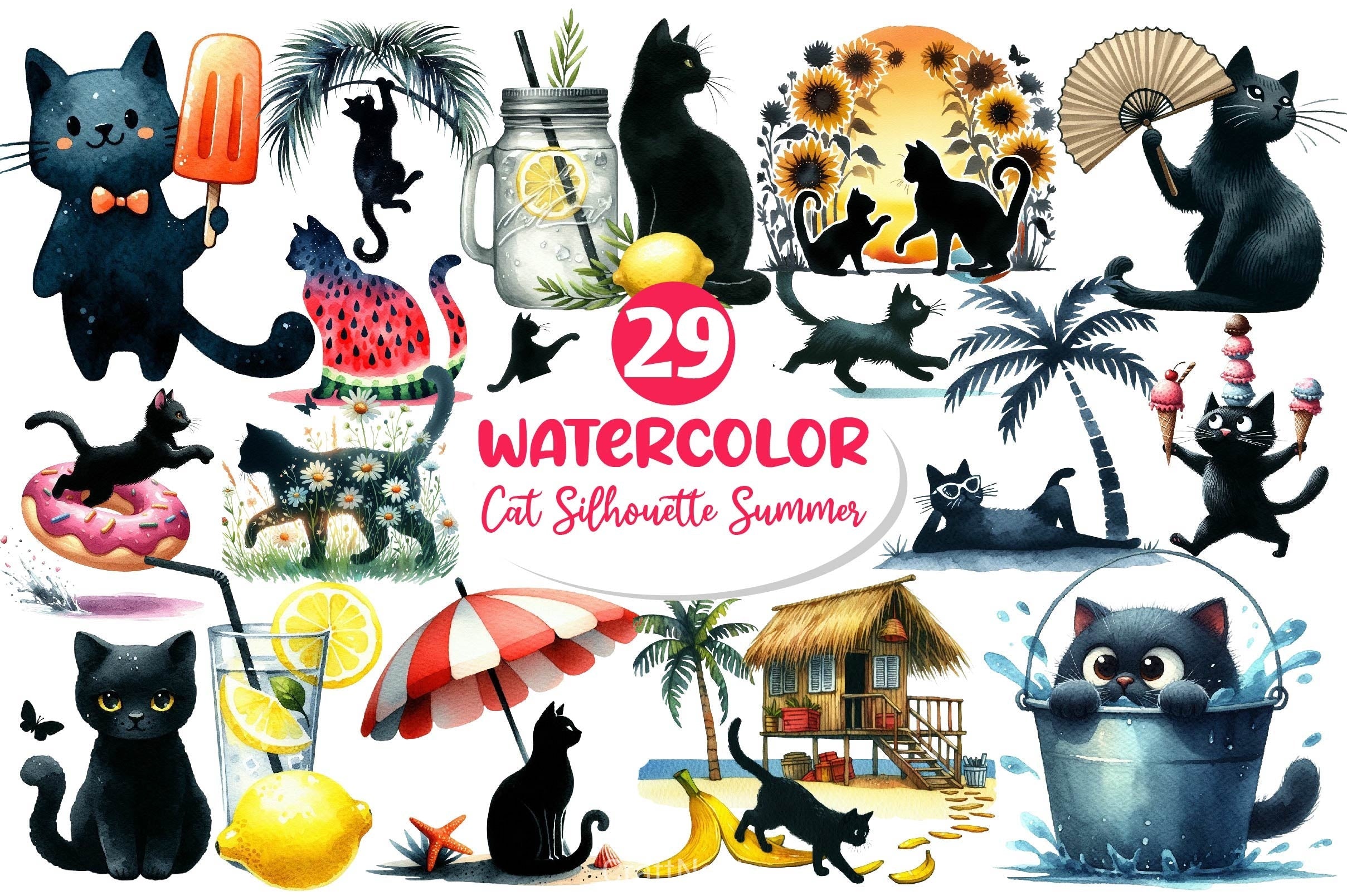 Cat Silhouette Summer Clipart Bundle