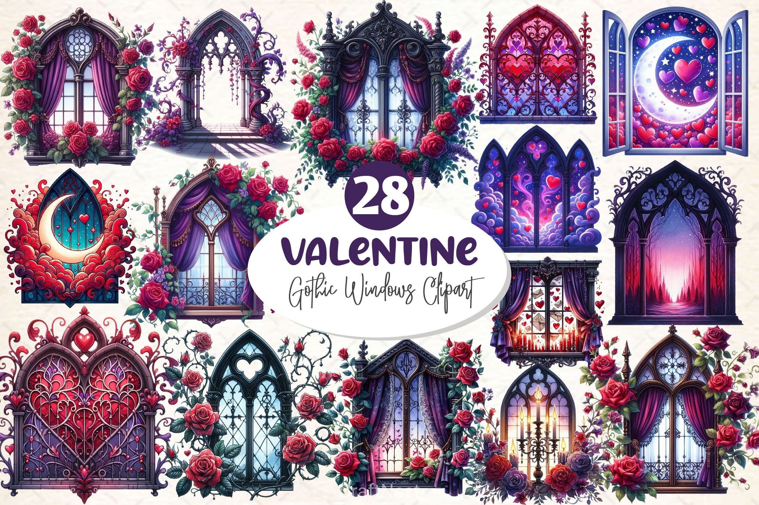 Valentine Gothic Windows Clipart Bundle 2