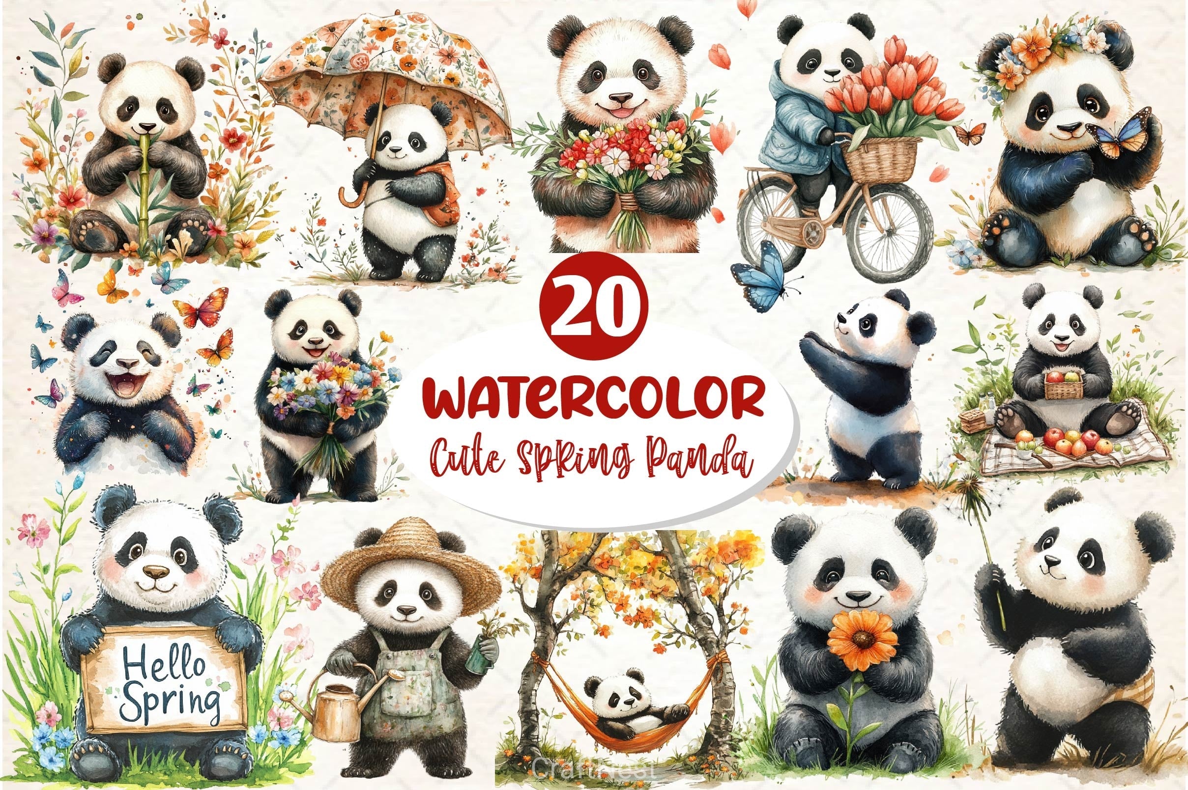Cute Spring Panda Clipart Bundle 2