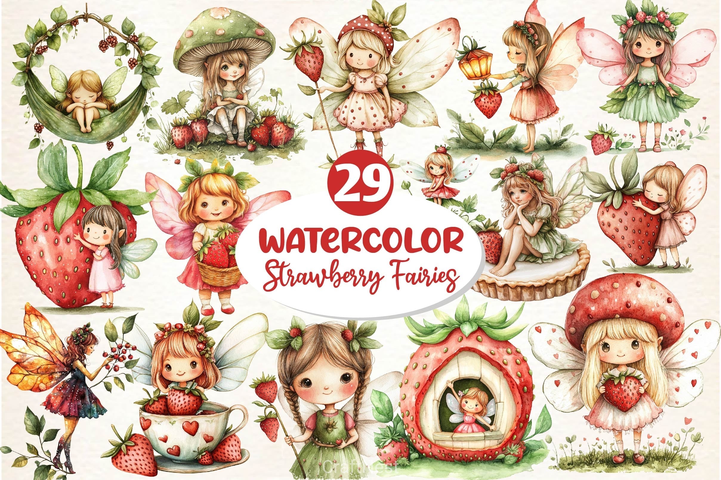 Strawberry Garden Fairies Clipart Bundle