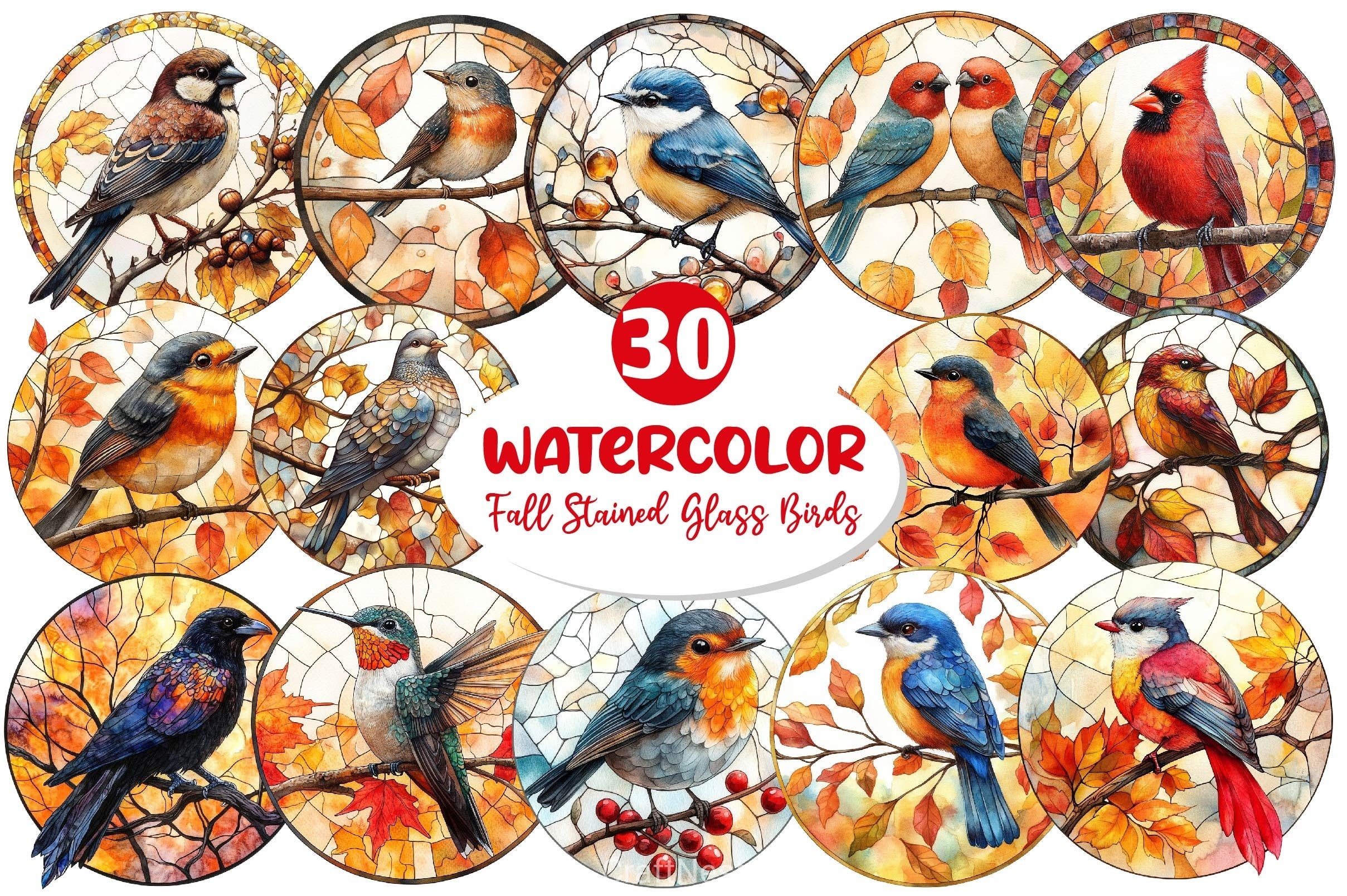 Fall Stained Glass Birds Clipart Bundle