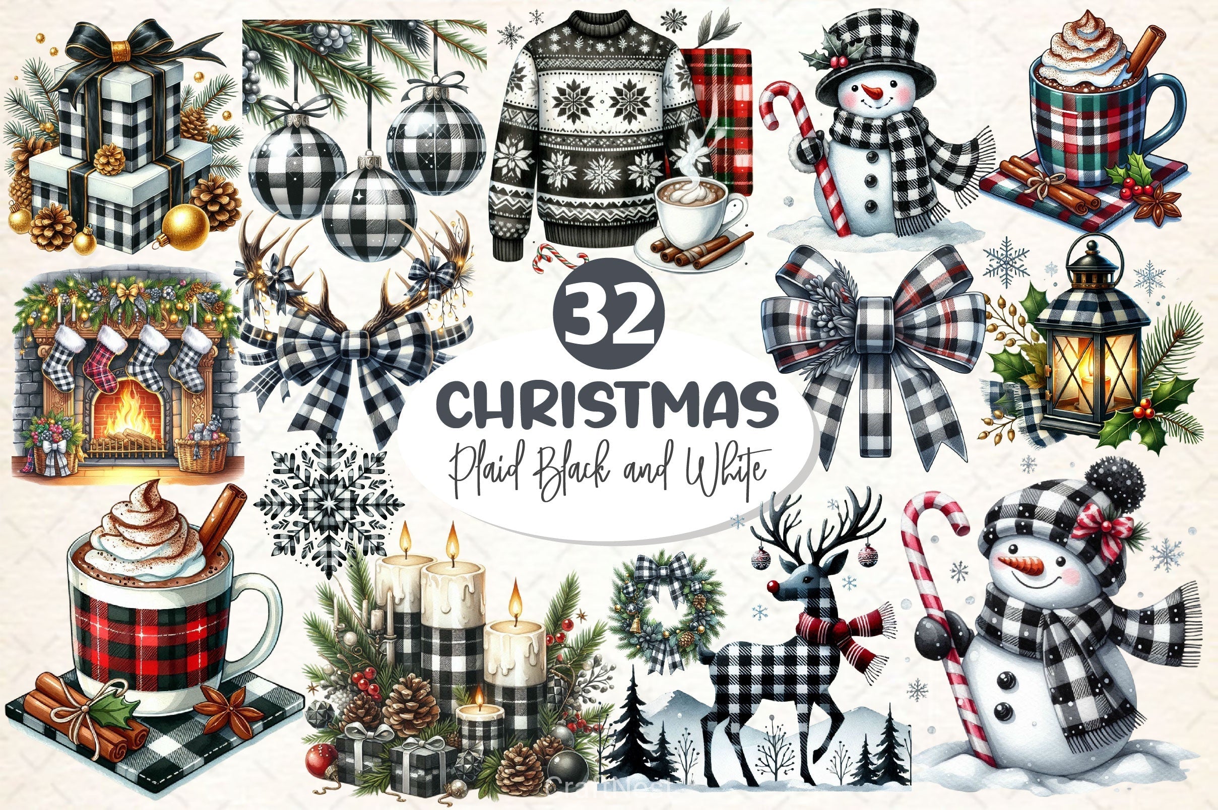 Luxury Plaid Black White Christmas Clipart Bundle