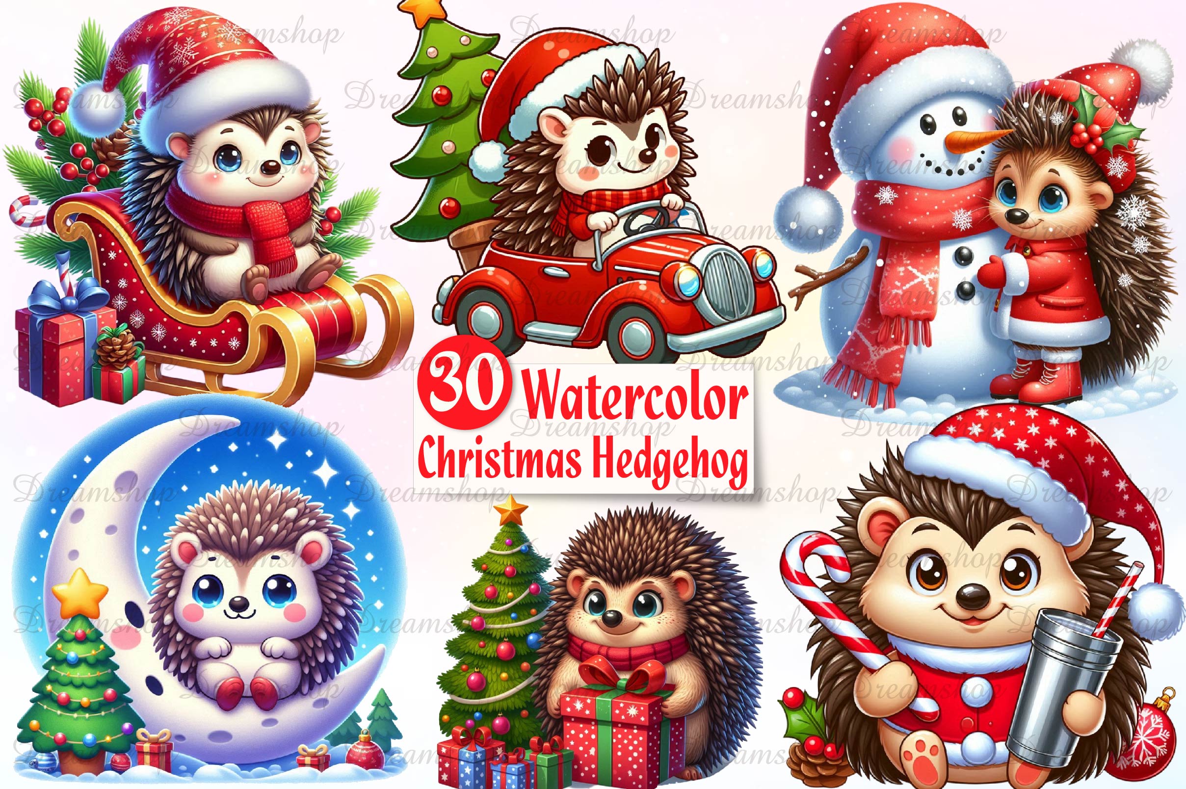 Christmas Cute Hedgehog Clipart Bundle