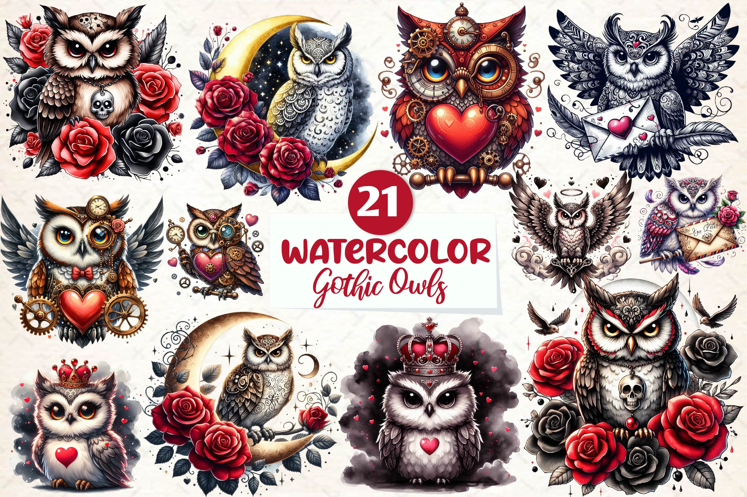 Valentine Gothic Owls Clipart Bundle 2