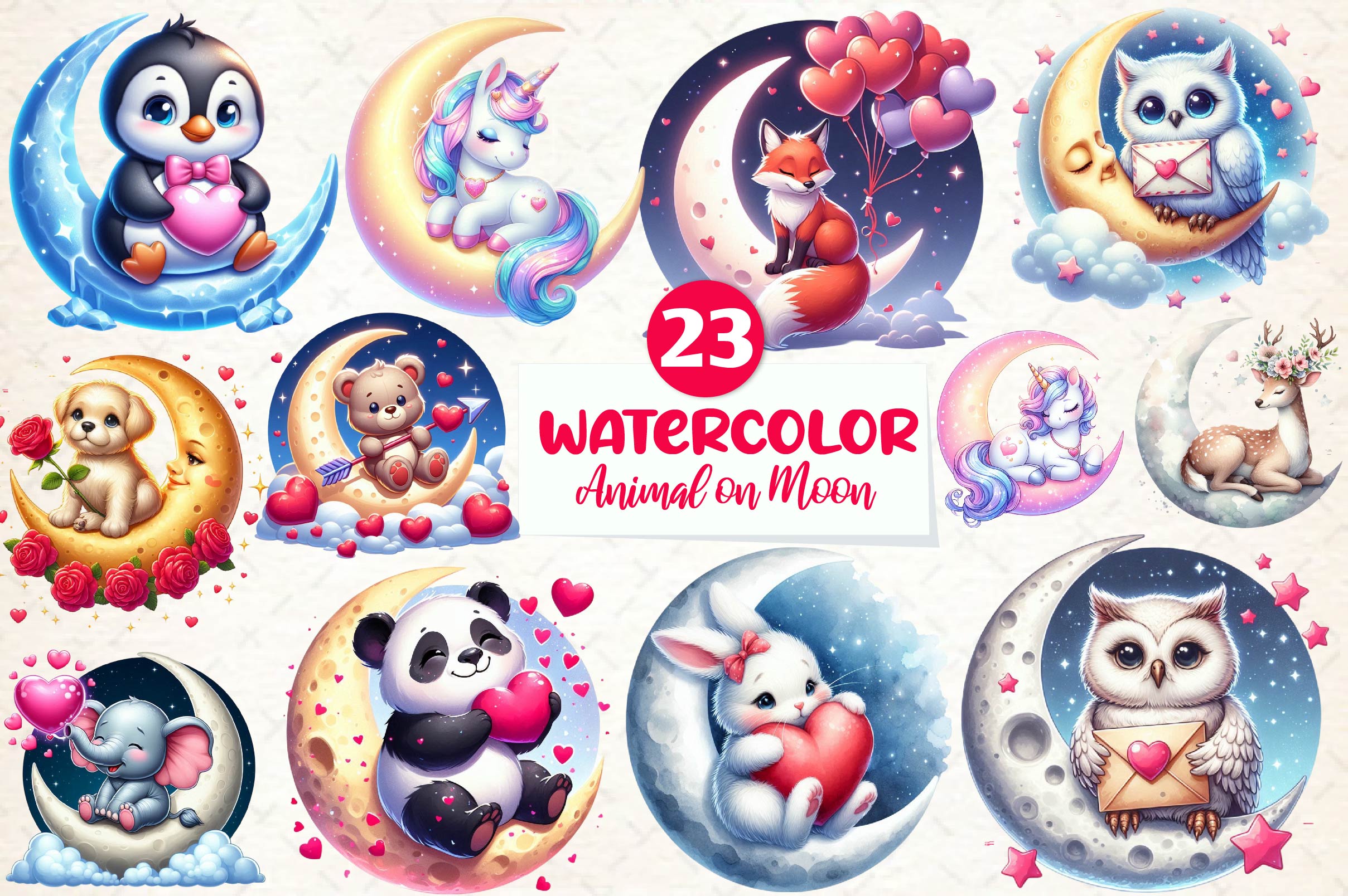 Valentine Animal On Moon Clipart Bundle
