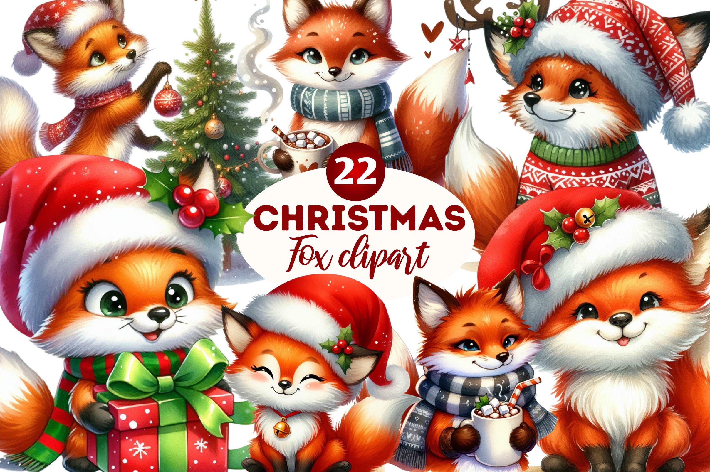 Christmas Fox Set Clipart Bundle