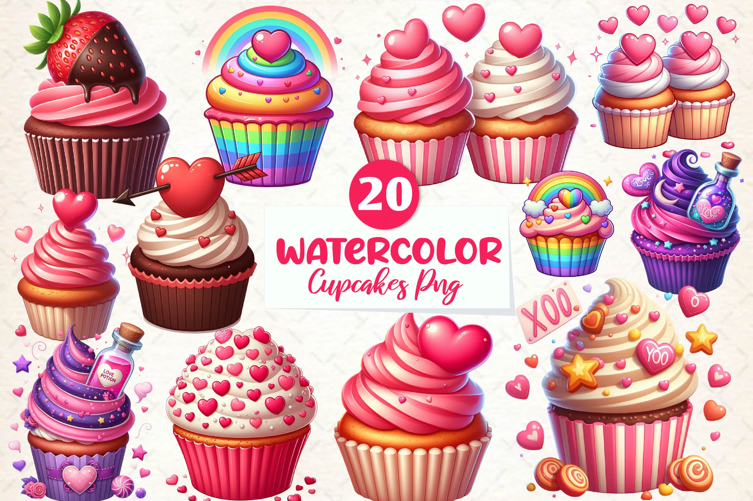 Valentines Day Cupcakes Clipart Bundle