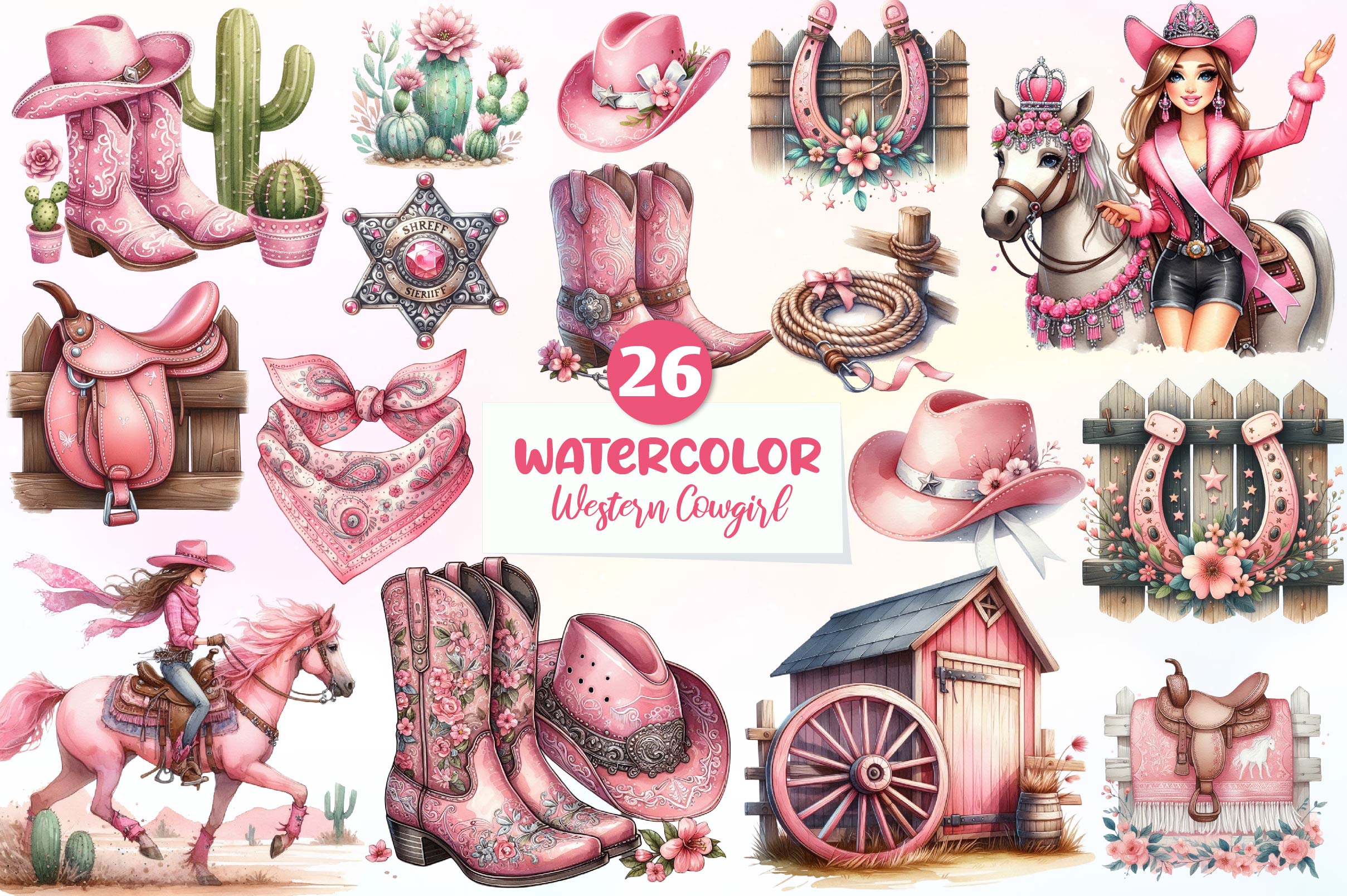 Pink Western Cowgirl Clipart Bundle