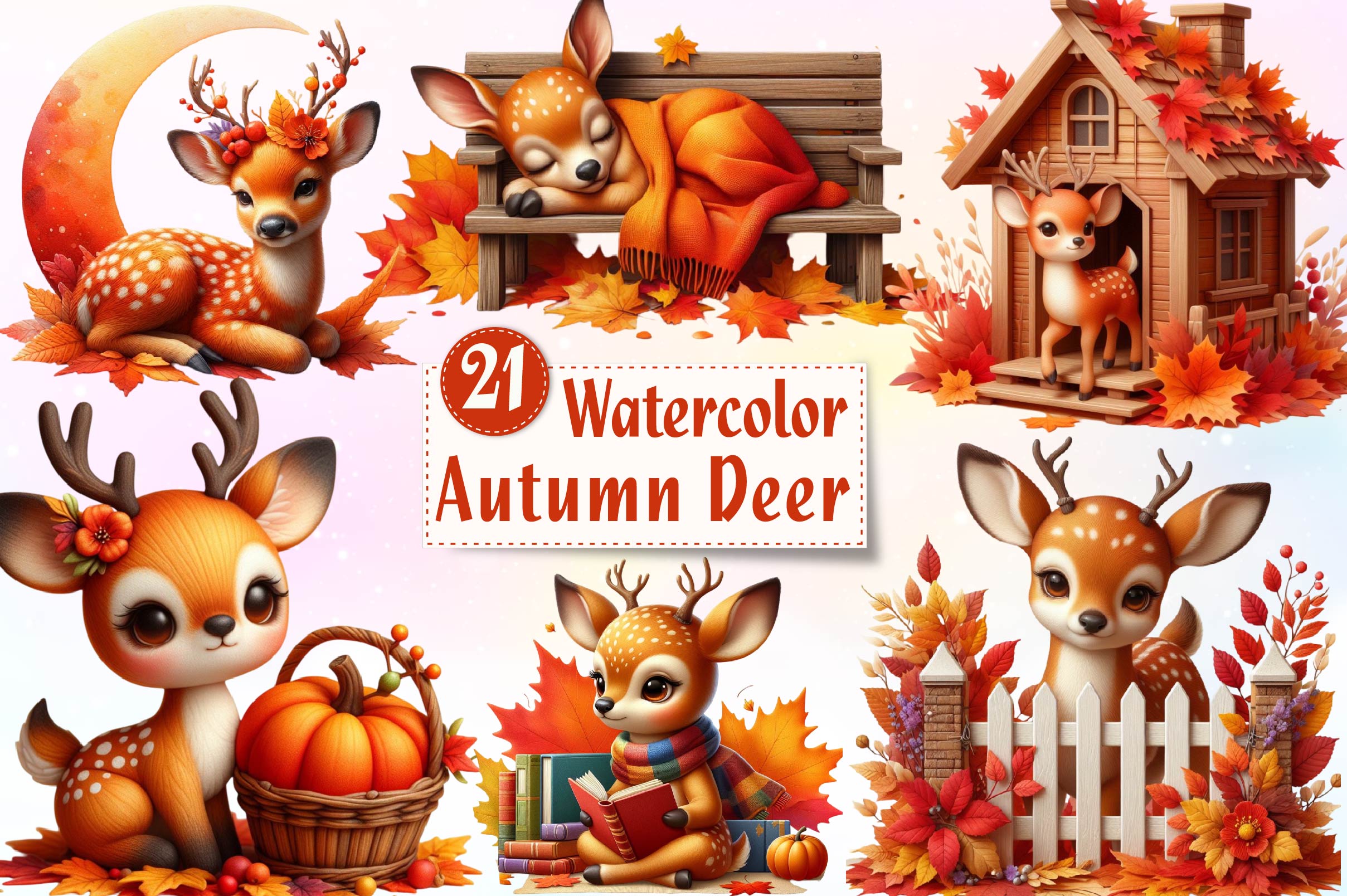 Autumn Cute Deer Clipart Bundle