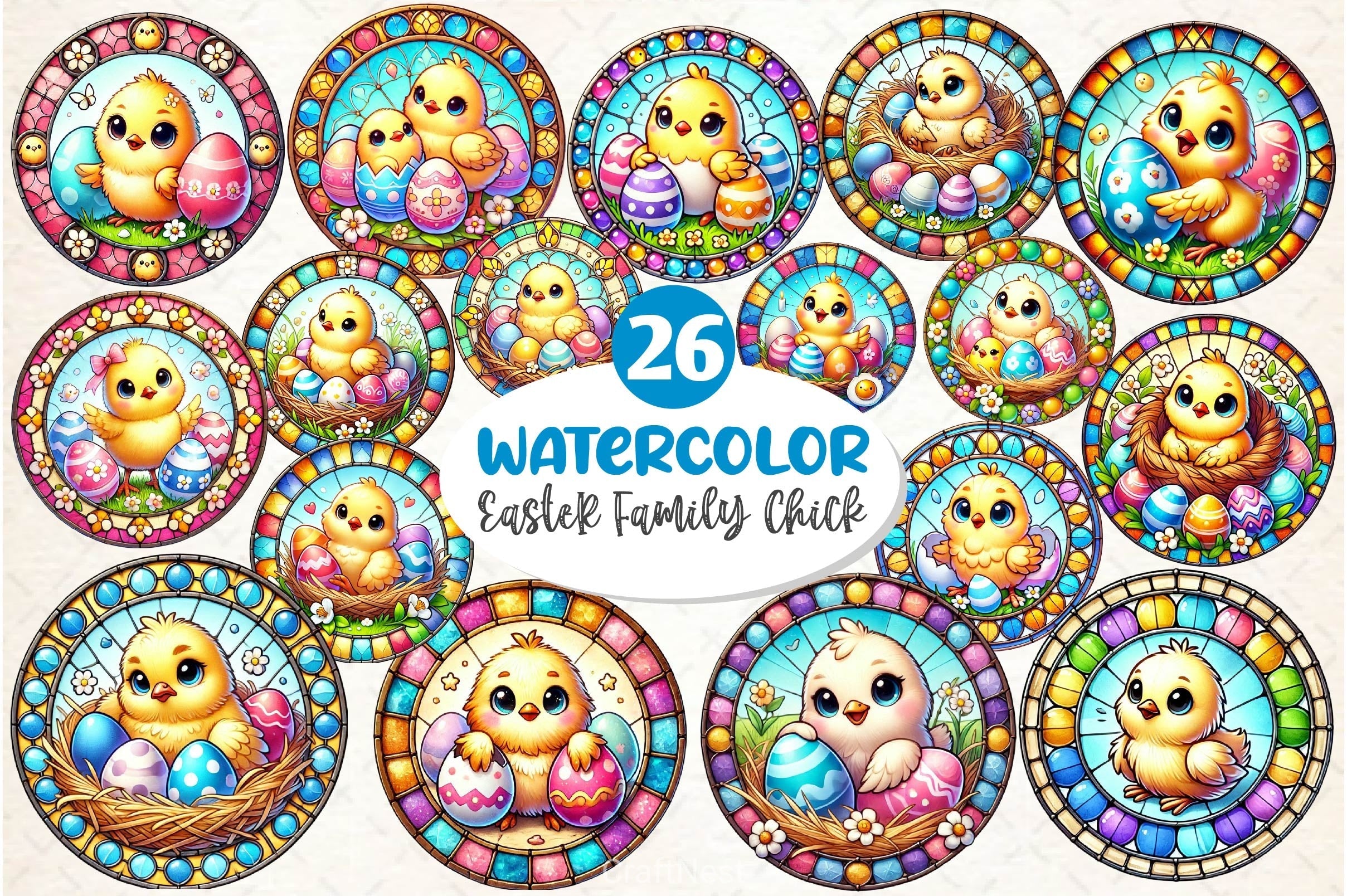 Easter Stained Glass Chick Clipart Bundle