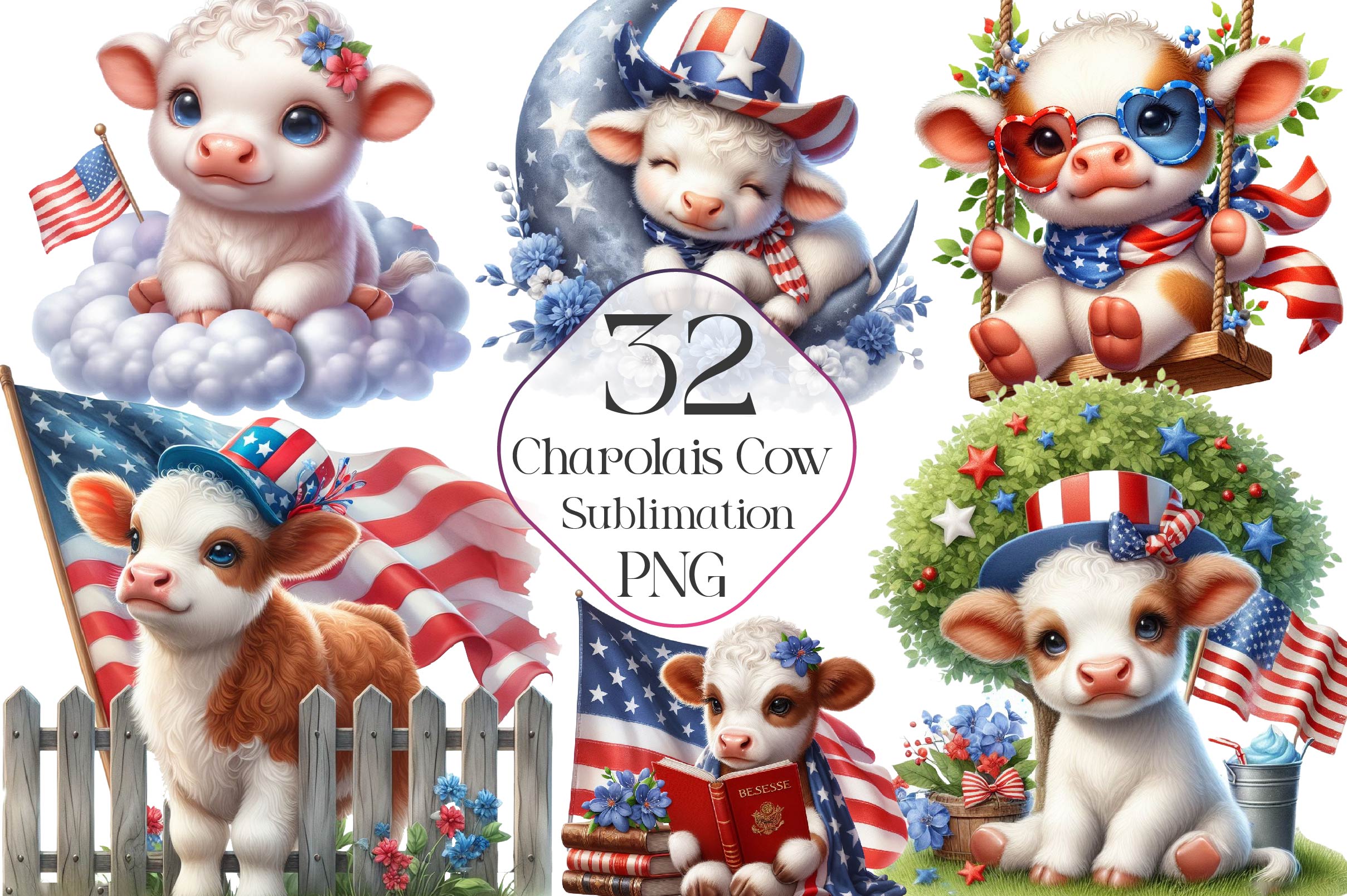 Patriotic Charolais Cow Clipart Bundle