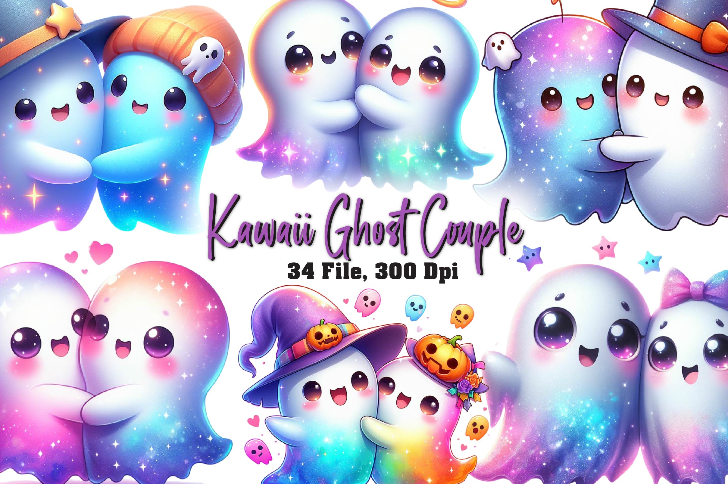 Kawaii Ghost Couple Clipart Bundle