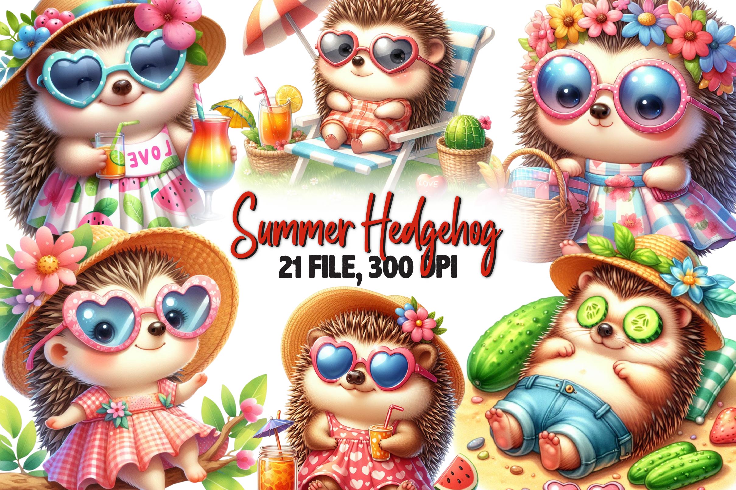 Cute Summer Hedgehog Clipart Bundle