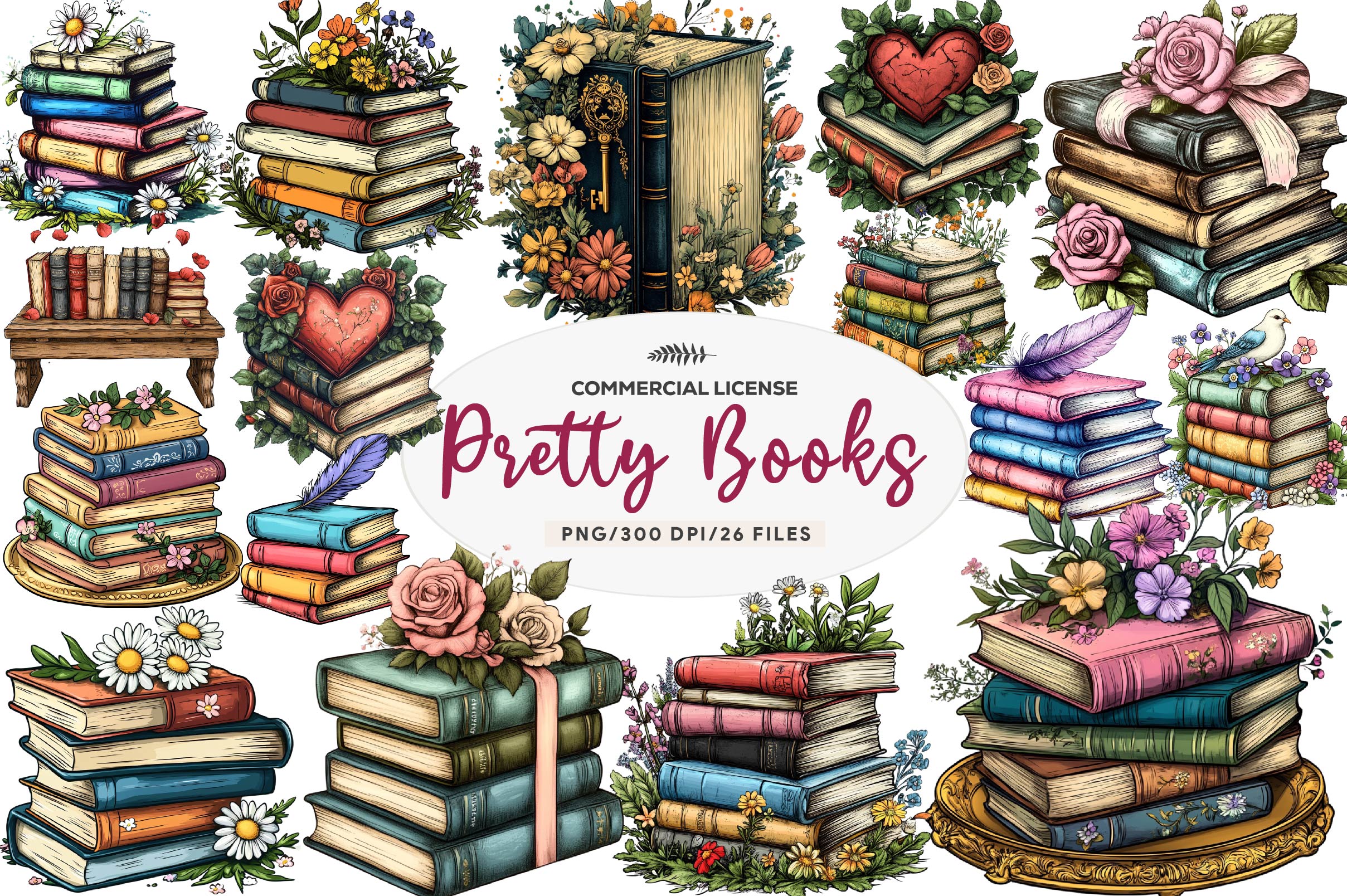 Pretty Books With Flowers Clipart Bundle 1