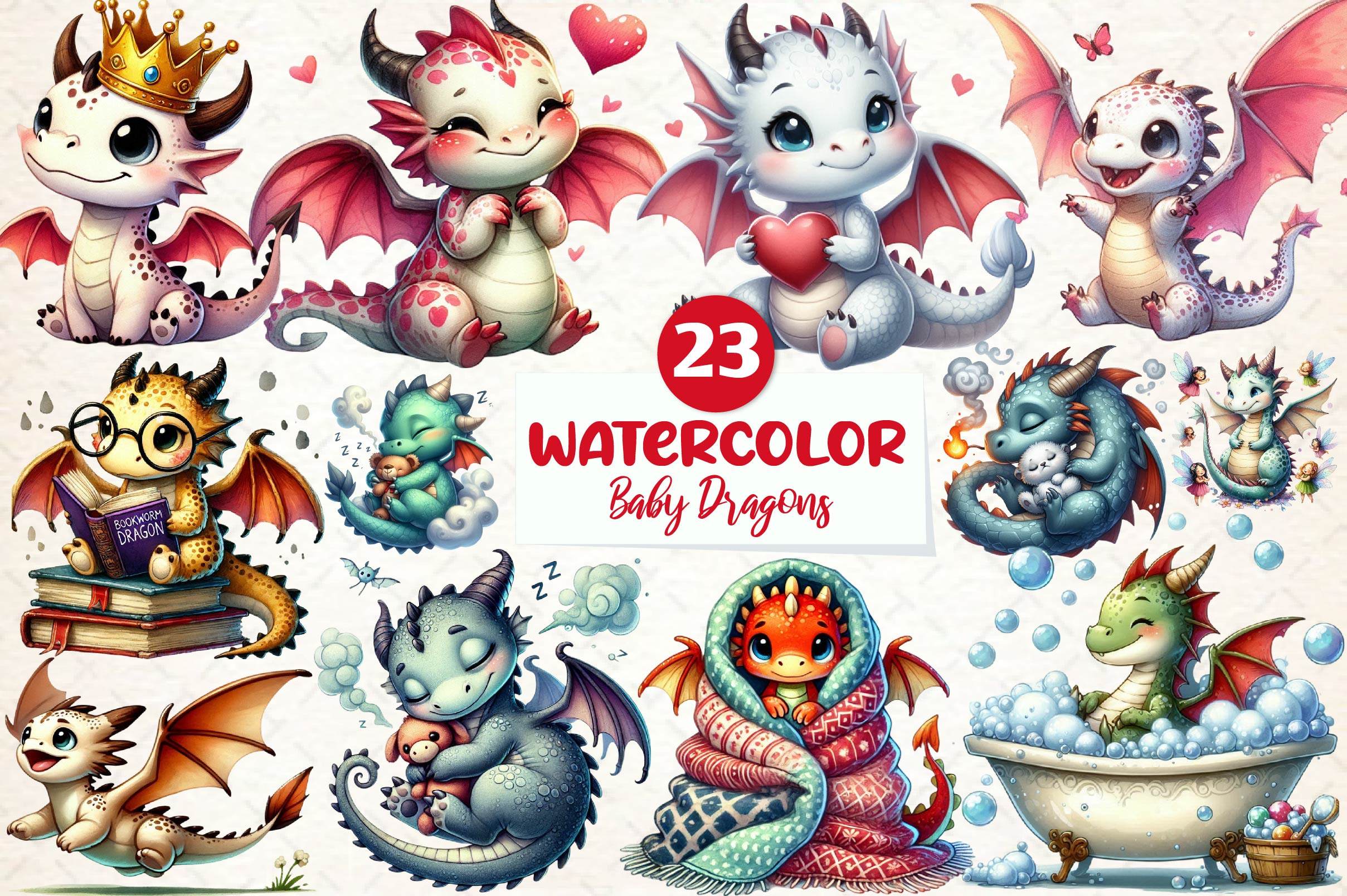 Cute Fantasy Baby Dragons Clipart Bundle